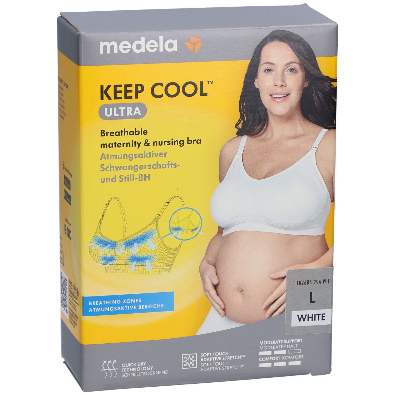 Boîte du soutien-gorge Keep Cool Ultra. Femme portant un soutien-gorge blanc. Taille L, blanc. Marque Medela. Soutien-gorge d'allaitement respirant.