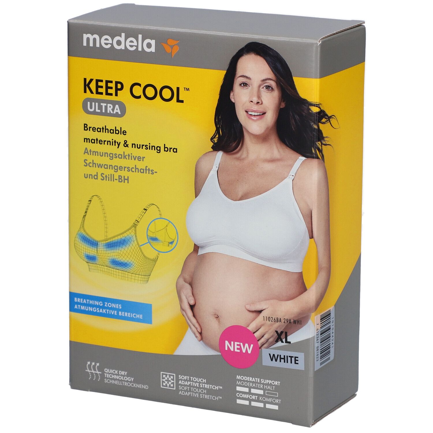 Boîte du soutien-gorge d'allaitement. Inscription : KEEP COOL Ultra, respirant, blanc, XL. Femme portant le soutien-gorge.