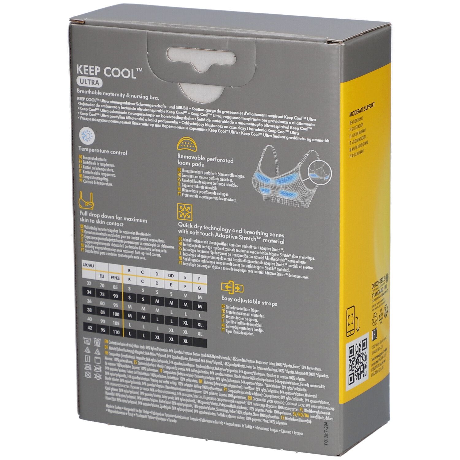 Dos de l'emballage. Inscription : KEEP COOL Ultra, informations sur les tailles, caractéristiques du produit, certification Oeko-Tex.