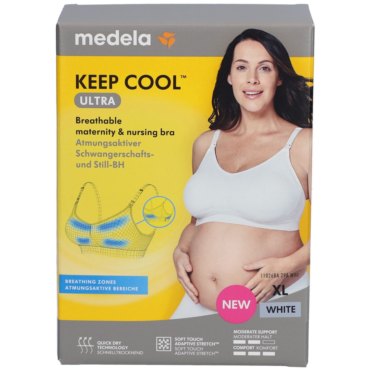 Vue de face de l'emballage. Inscription : KEEP COOL Ultra, respirant, blanc, XL. Femme portant le soutien-gorge.