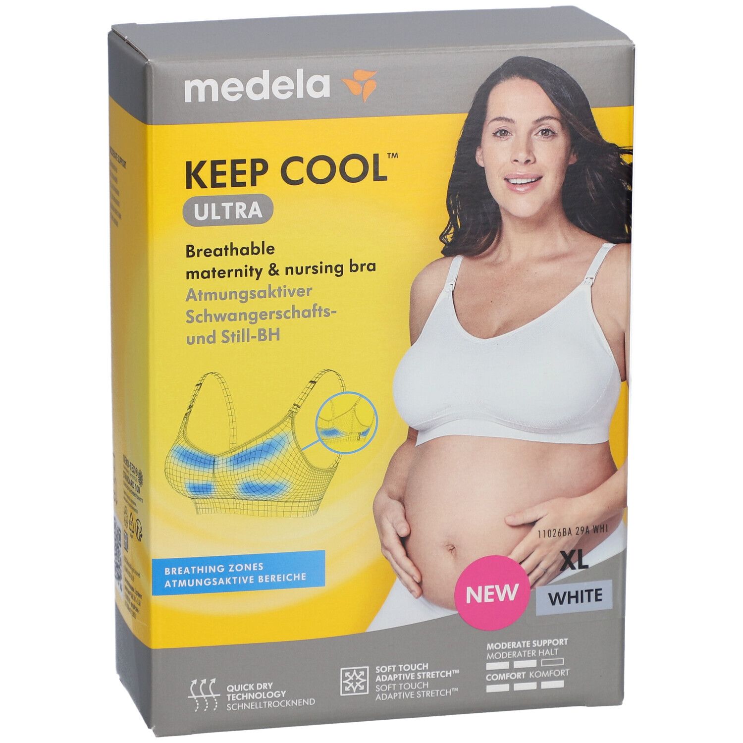 Vue de face de l'emballage. Inscription : KEEP COOL Ultra, respirant, blanc, XL. Femme portant le soutien-gorge.