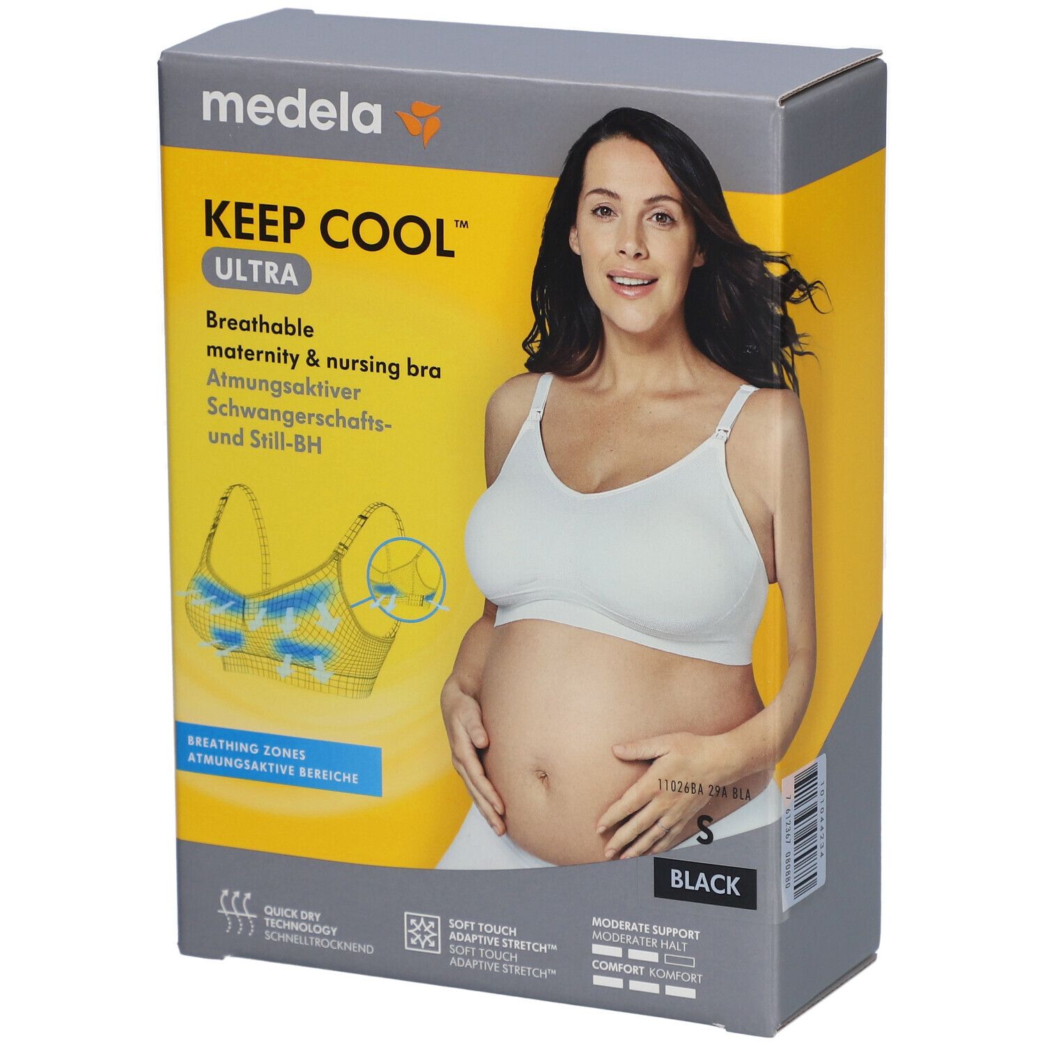 Emballage. Soutien-gorge Medela Keep Cool Ultra, noir, taille S. Femme enceinte. Illustration du produit.