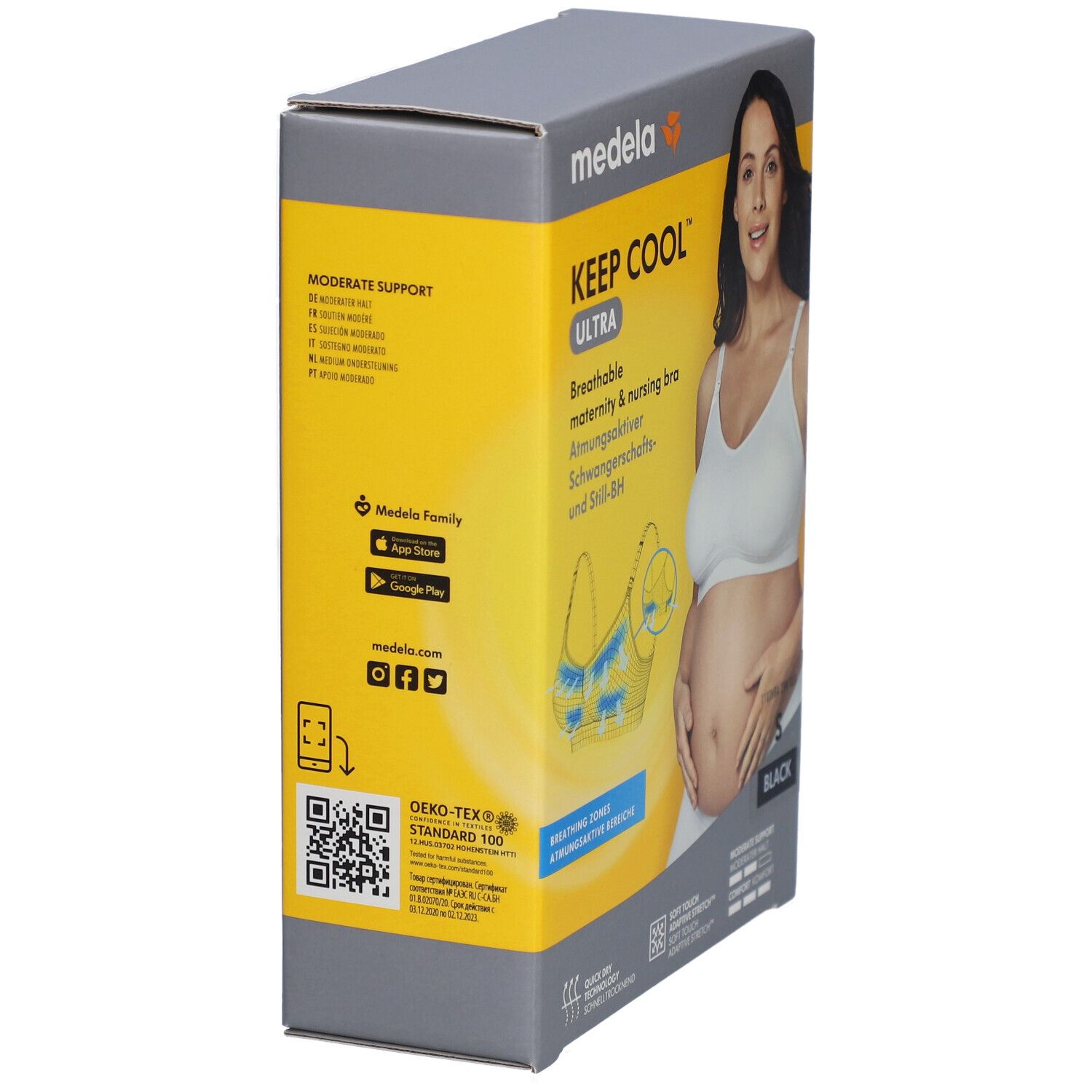 Emballage. Soutien-gorge Medela Keep Cool Ultra, noir, taille S. Vue latérale. Informations et QR code.