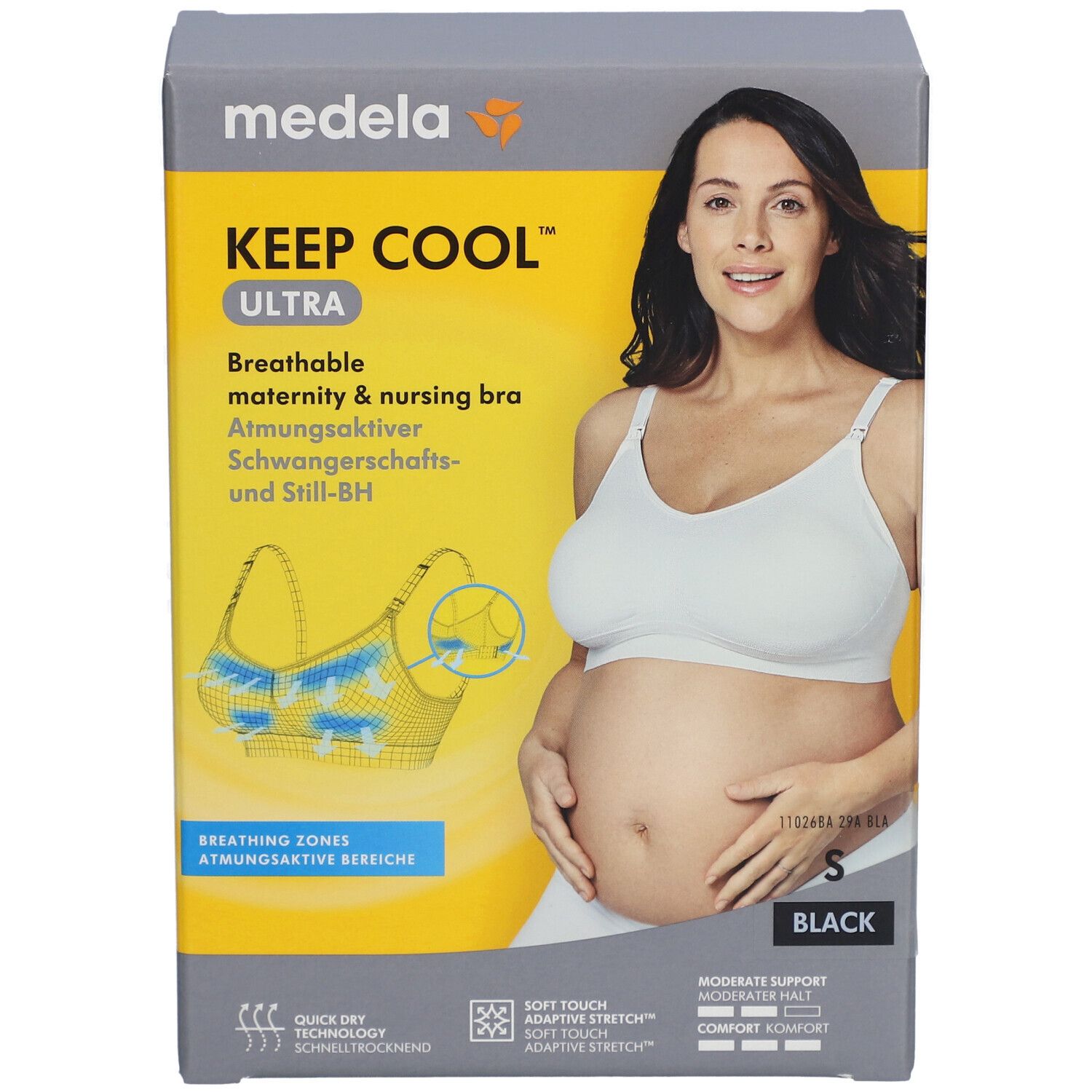 Emballage. Soutien-gorge Medela Keep Cool Ultra, noir, taille S. Femme enceinte. Illustration du produit.