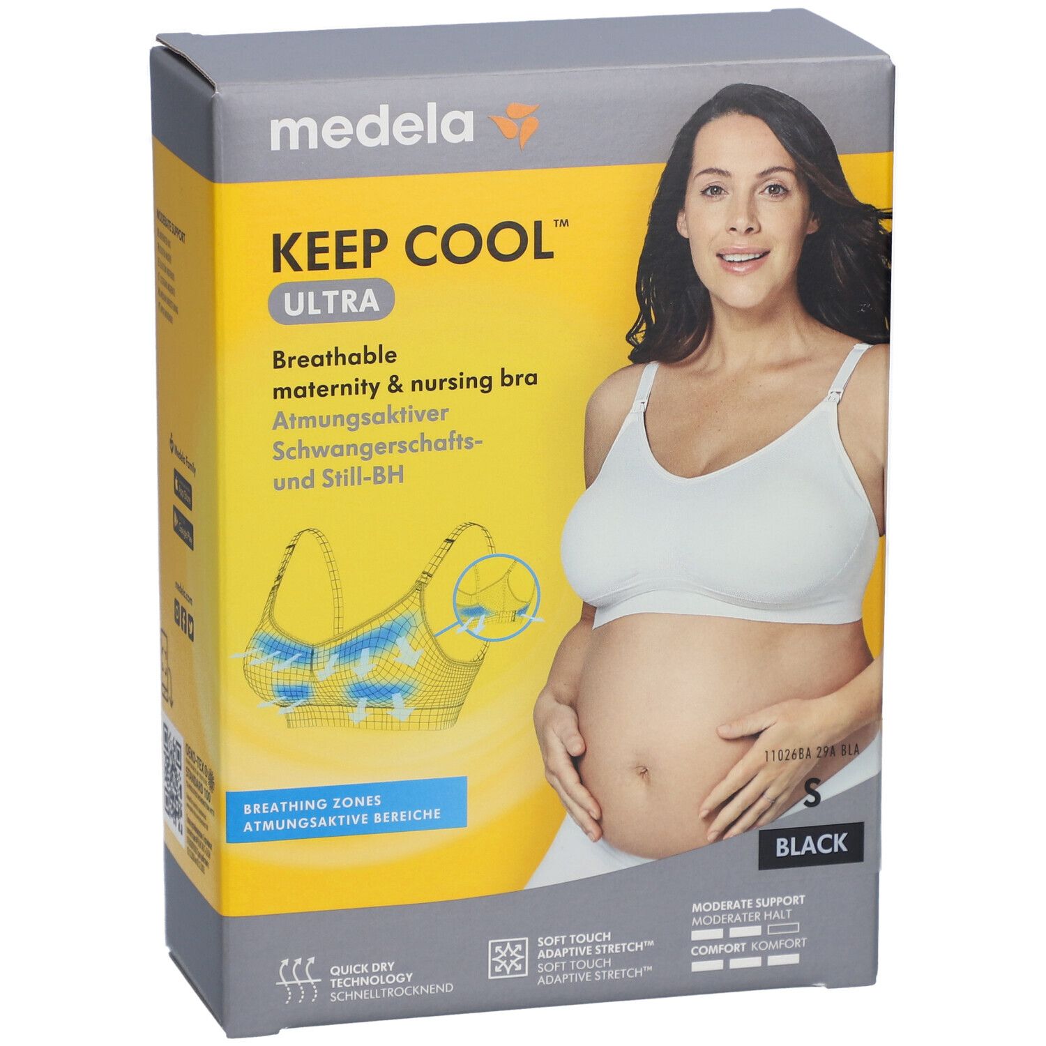 Emballage. Soutien-gorge Medela Keep Cool Ultra, noir, taille S. Femme enceinte. Illustration du produit.