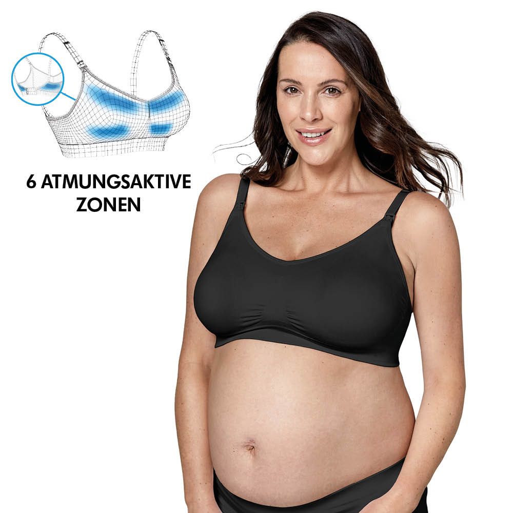 Soutien-gorge d'allaitement noir avec 6 zones respirantes. Femme portant le soutien-gorge.