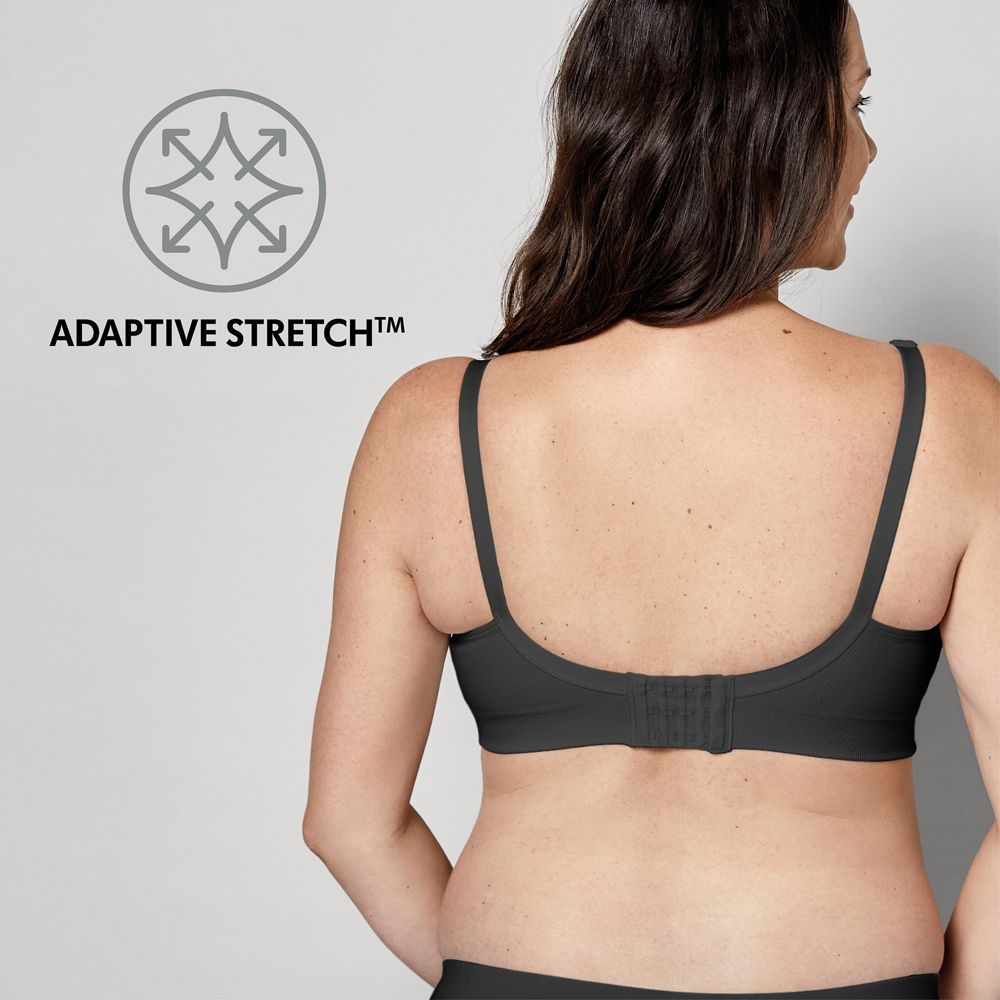 Vue arrière d'un soutien-gorge d'allaitement noir. Texte : Adaptive Stretch™.