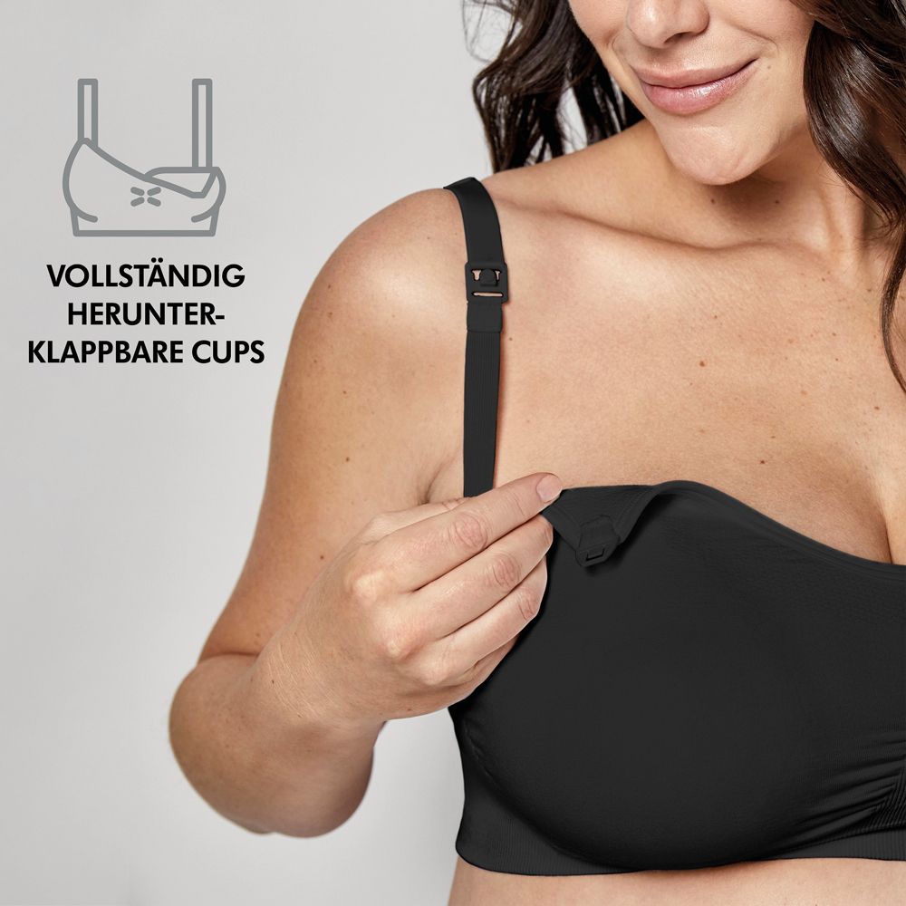 Gros plan d'un soutien-gorge d'allaitement noir. Bonnets entièrement rabattables.