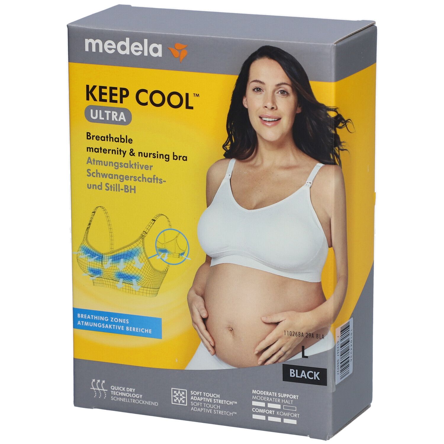 Boîte de soutien-gorge de grossesse. Femme portant un soutien-gorge blanc. Texte: KEEP COOL ULTRA, respirant, noir, taille L.