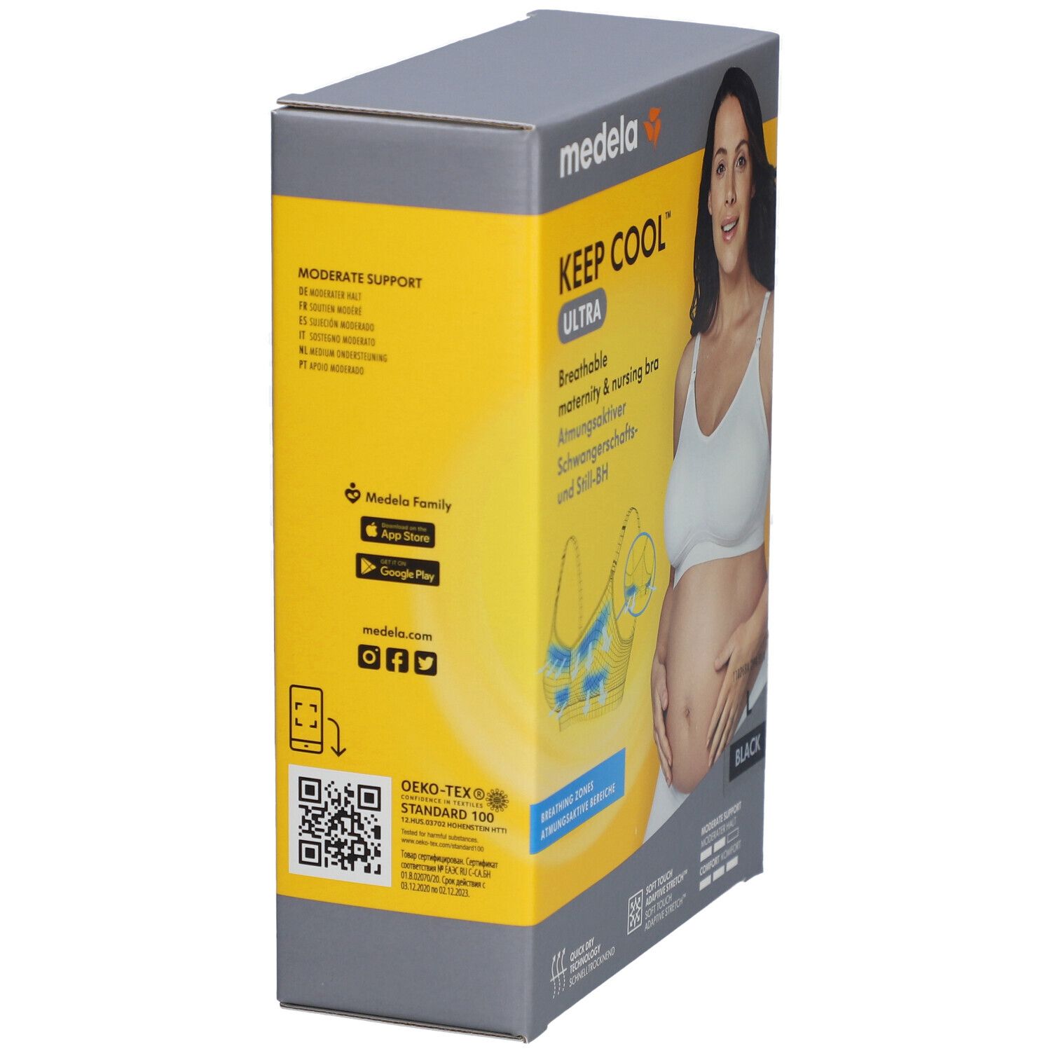 Emballage avec informations sur le produit. Texte: KEEP COOL ULTRA, respirant, noir. Code QR et OEKO-TEX Standard 100.
