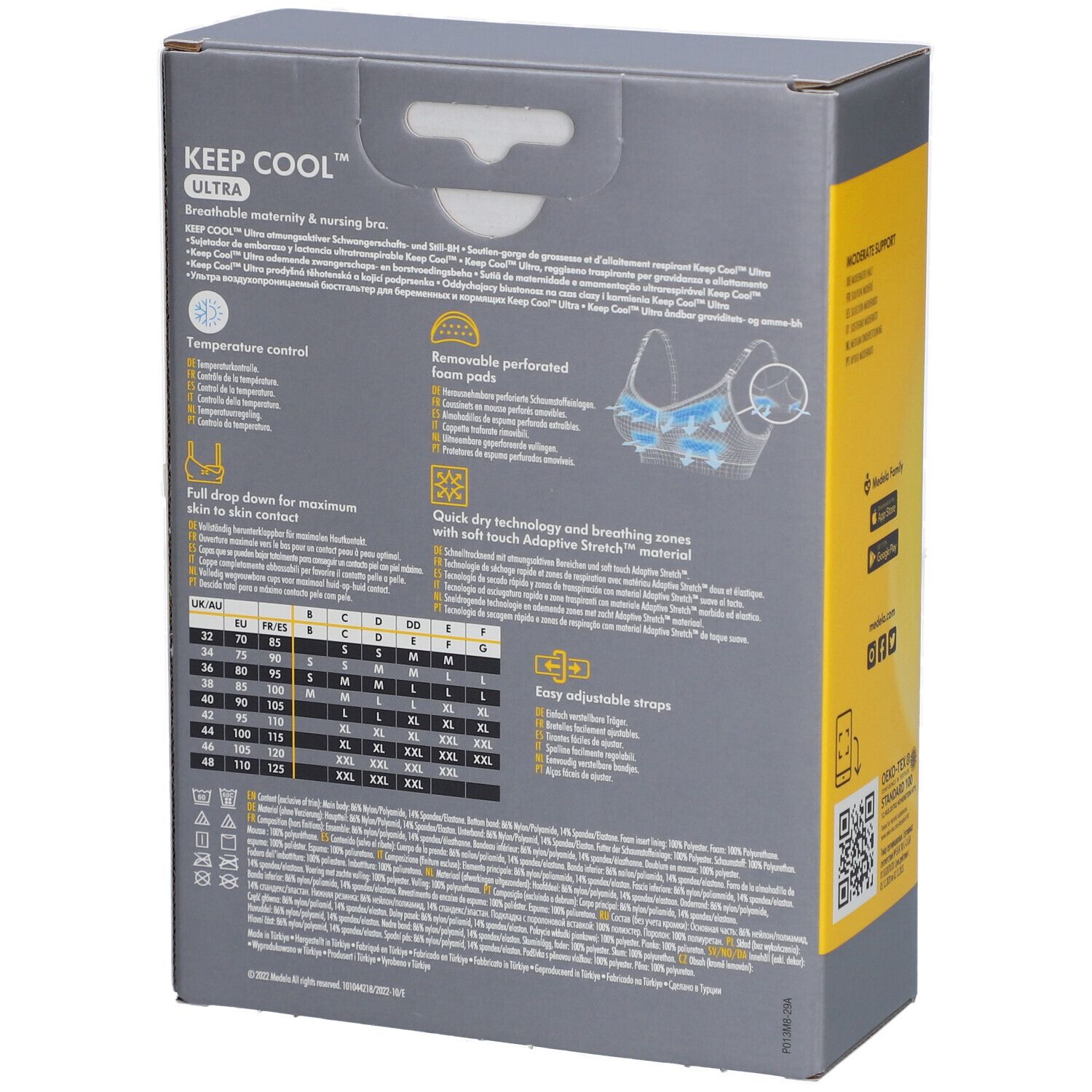 Emballage avec informations sur le produit. Texte: KEEP COOL ULTRA, respirant. Informations sur les tailles et autres caractéristiques.