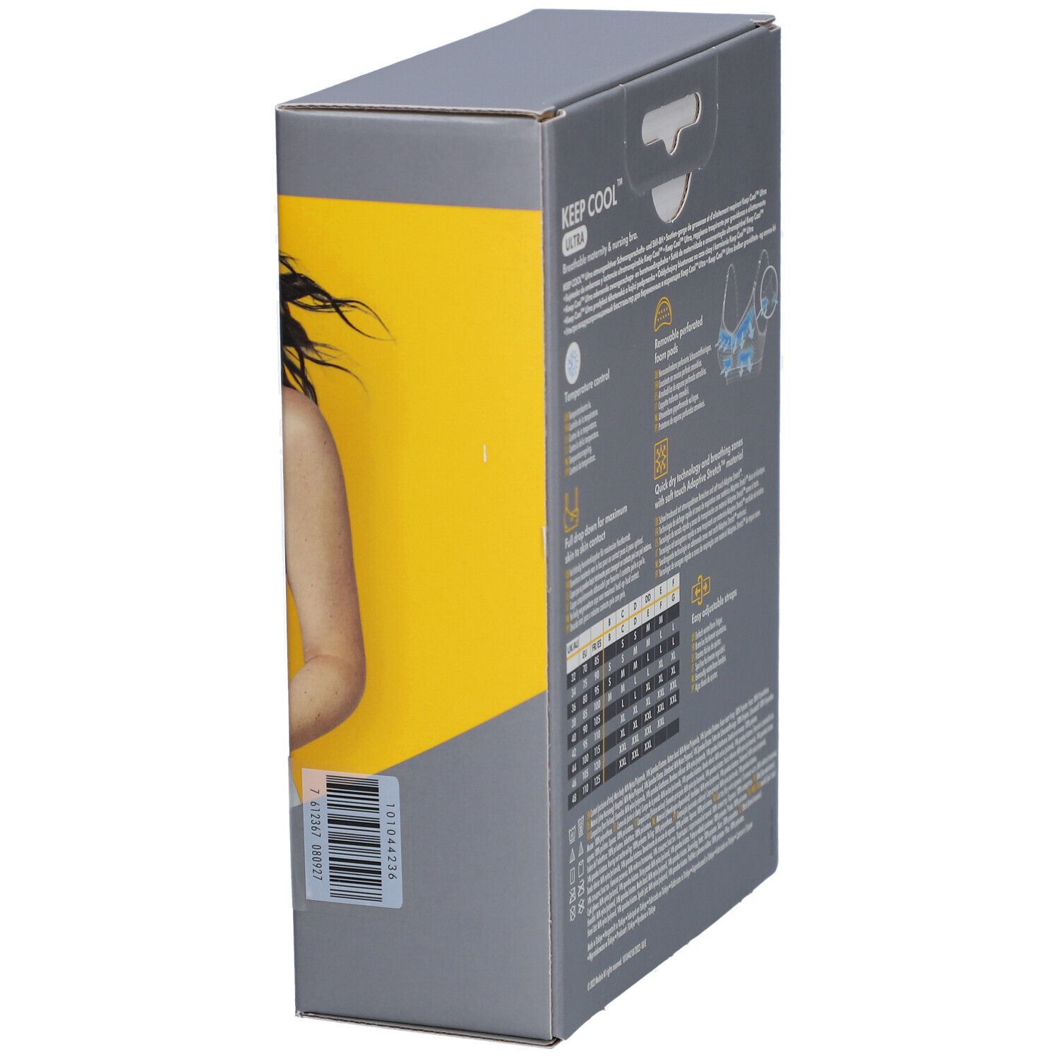 Emballage avec informations sur le produit. Texte: KEEP COOL ULTRA. Informations sur les tailles et autres caractéristiques.