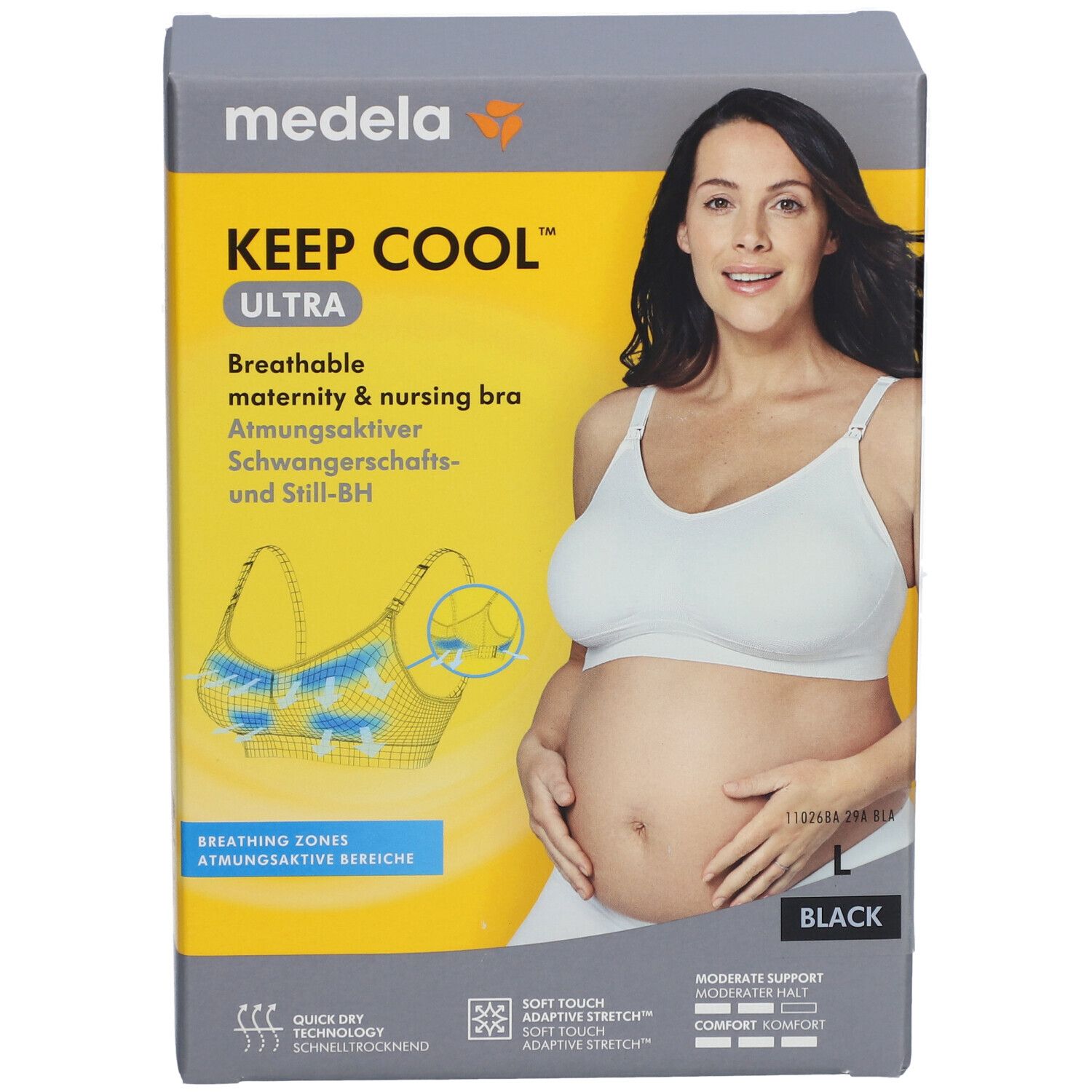 Boîte de soutien-gorge de grossesse. Femme portant un soutien-gorge blanc. Texte: KEEP COOL ULTRA, respirant, noir, taille L.