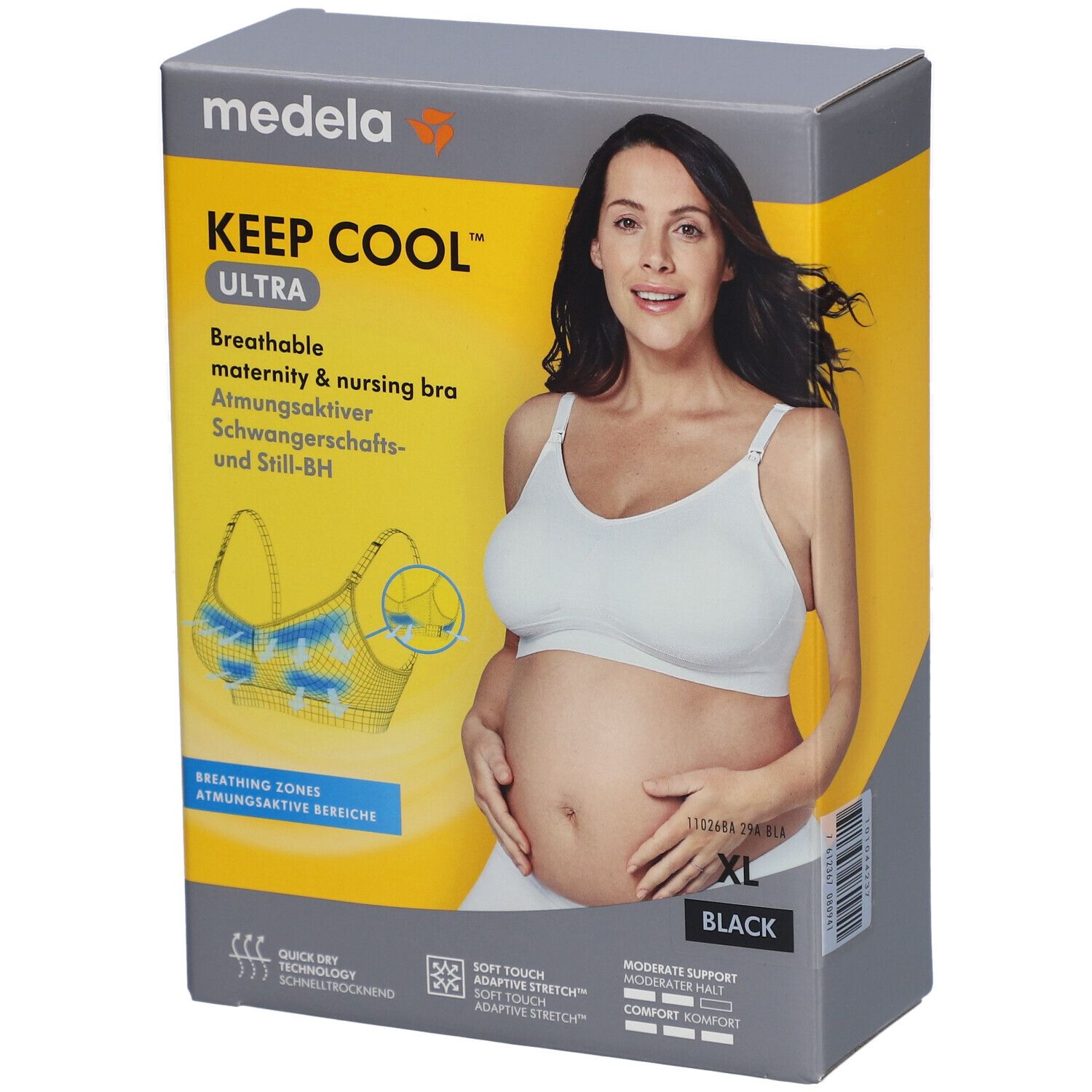 Boîte de soutien-gorge de maternité. Inscription : medela KEEP COOL ULTRA, XL, noir. Image d'une femme portant un soutien-gorge.