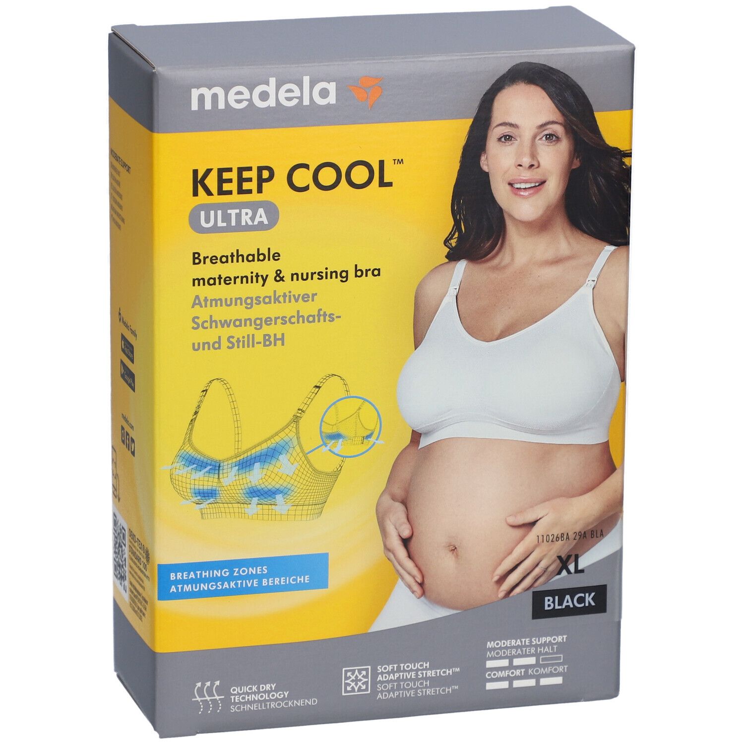 Boîte de soutien-gorge de maternité. Inscription : medela KEEP COOL ULTRA, XL, noir. Image d'une femme portant un soutien-gorge.