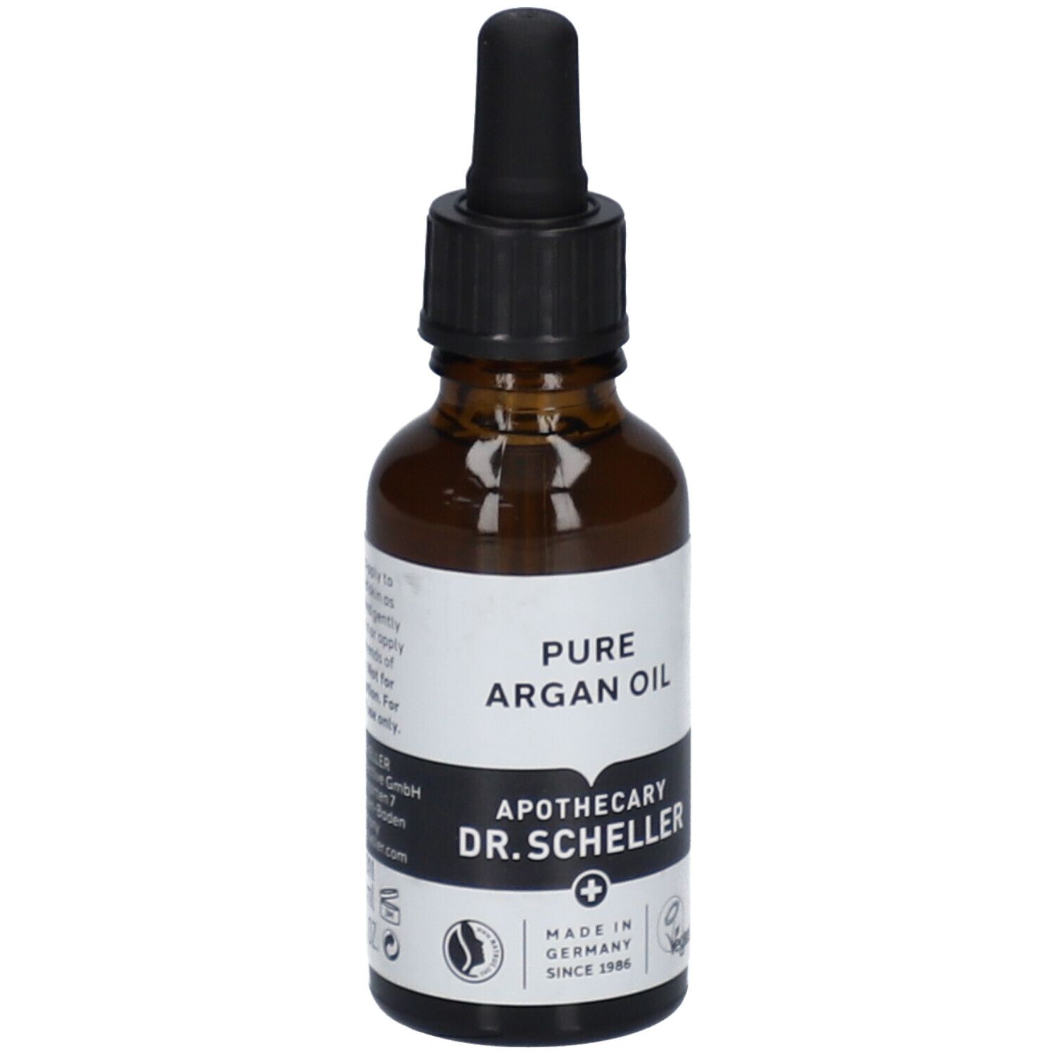 Flacon en verre brun avec bouchon noir et pipette. Étiquette avec "PURE ARGAN OIL" et "APOTHECARY DR.SCHELLER".