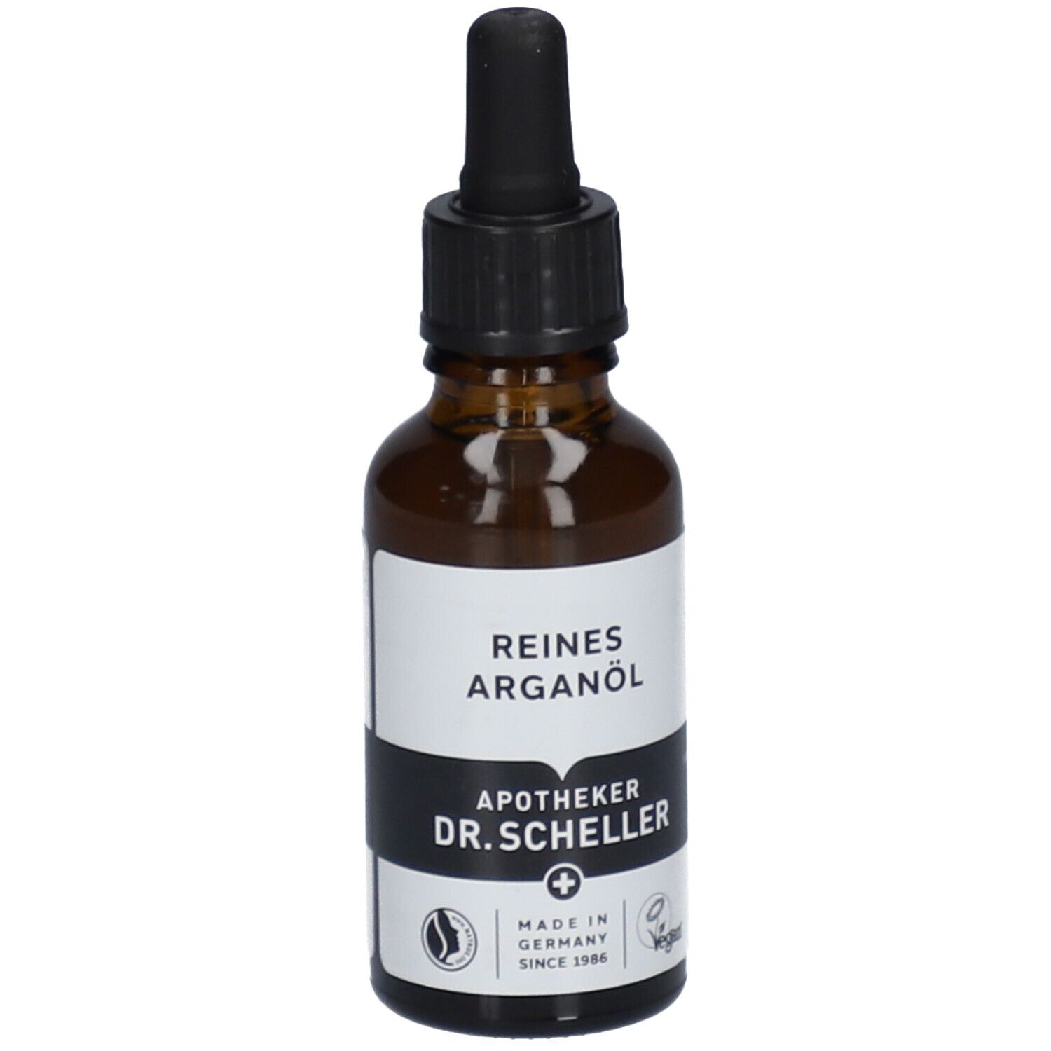 Flacon en verre brun avec bouchon noir et pipette. Étiquette avec "REINES ARGANÖL" et "APOTHEKER DR.SCHELLER".