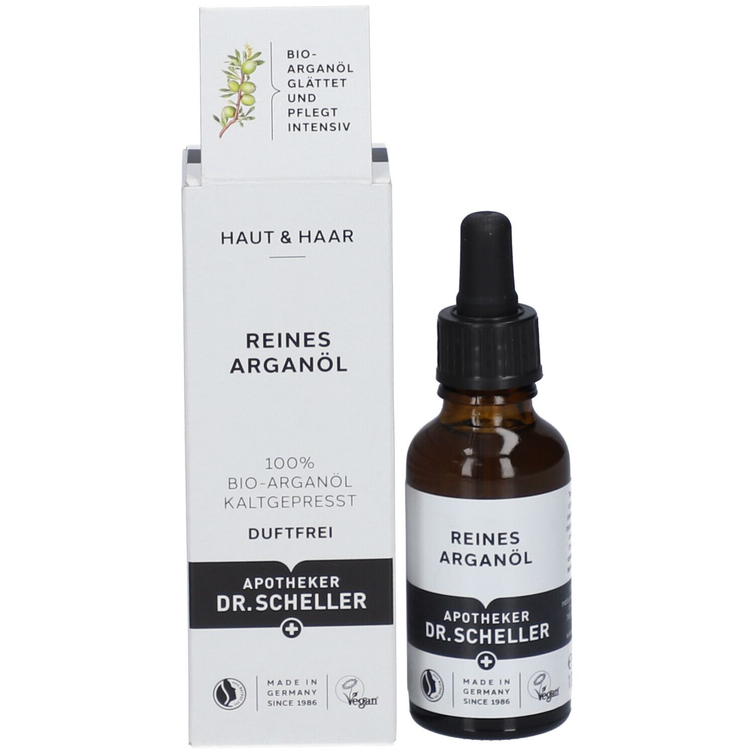 Emballage du produit avec flacon. Boîte avec "HAUT & HAAR" et "REINES ARGANÖL". Flacon avec pipette.