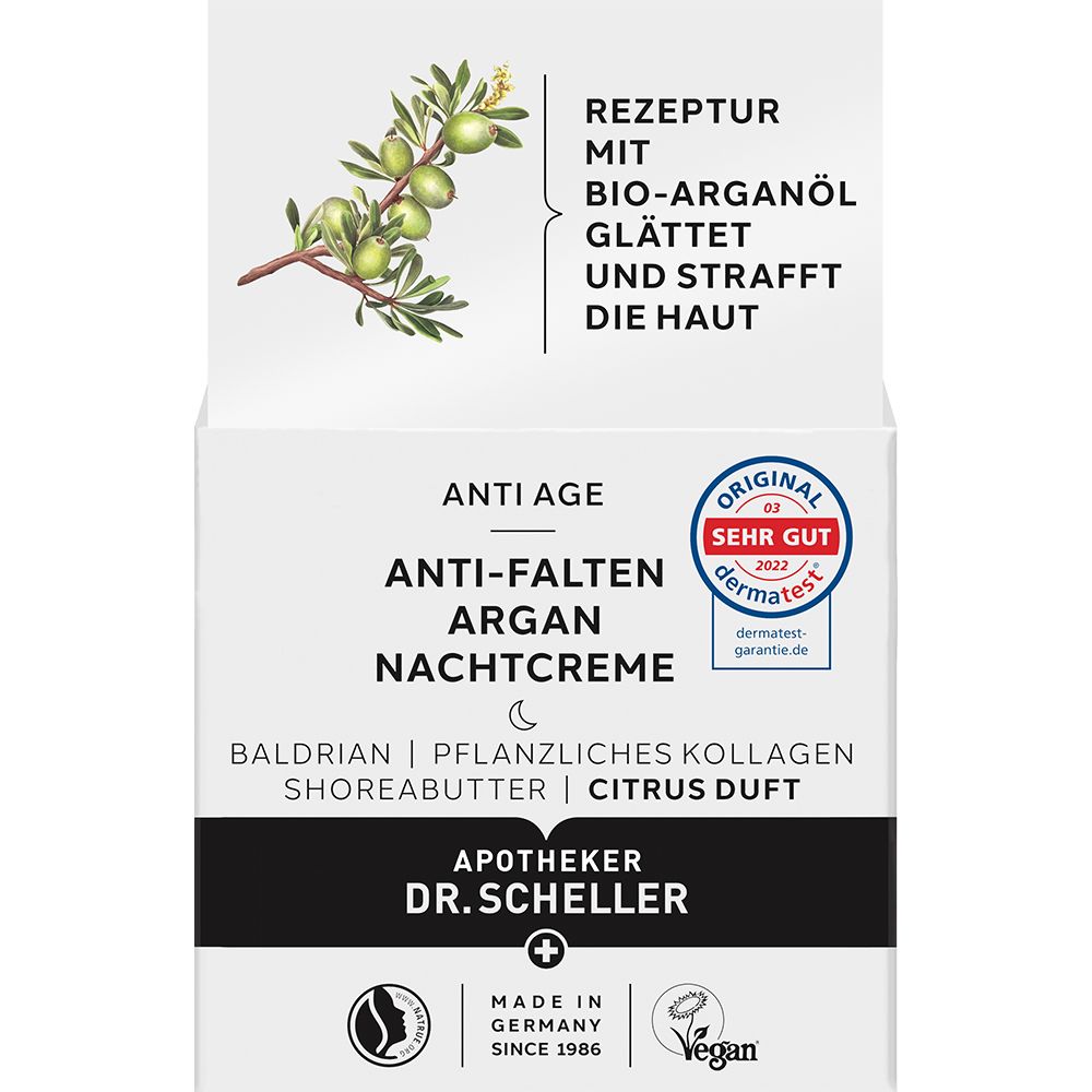 Emballage de crème de nuit anti-rides à l'argan. Contient de l'huile d'argan bio. Avec sceau Dermatest.