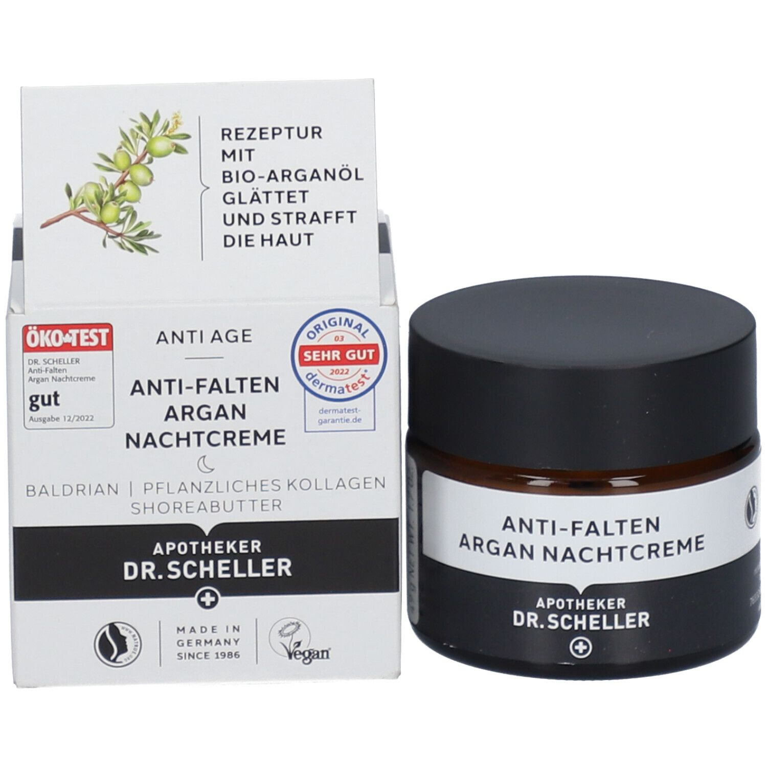 Emballage et pot de crème de nuit anti-rides à l'argan. Verre brun, couvercle noir. Étiquette blanche.