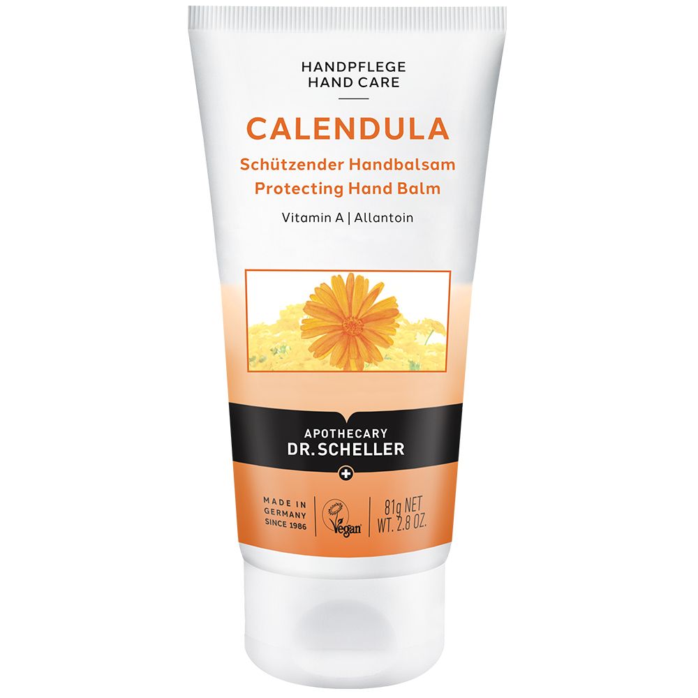 Tube blanche de baume pour les mains CALENDULA. Graphique orange avec fleur. Bande noire avec logo de pharmacie. Label végétalien.