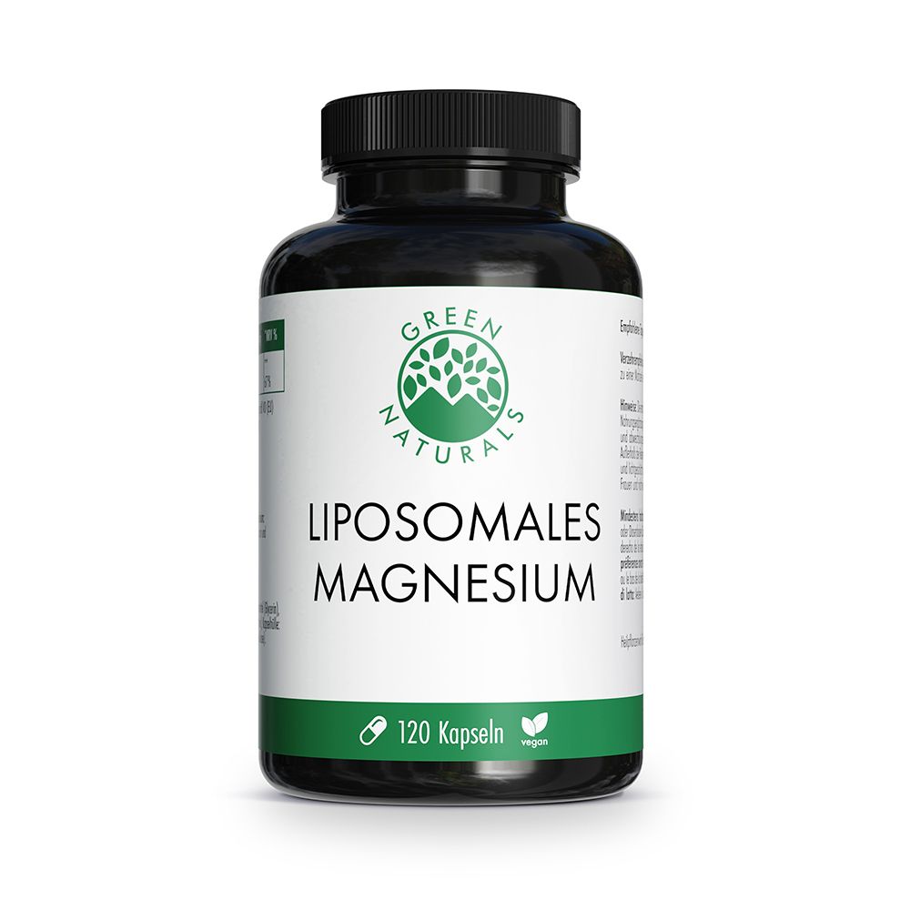 Flacon noir avec étiquette vert et blanc pour magnésium liposomale, 120 gélules.