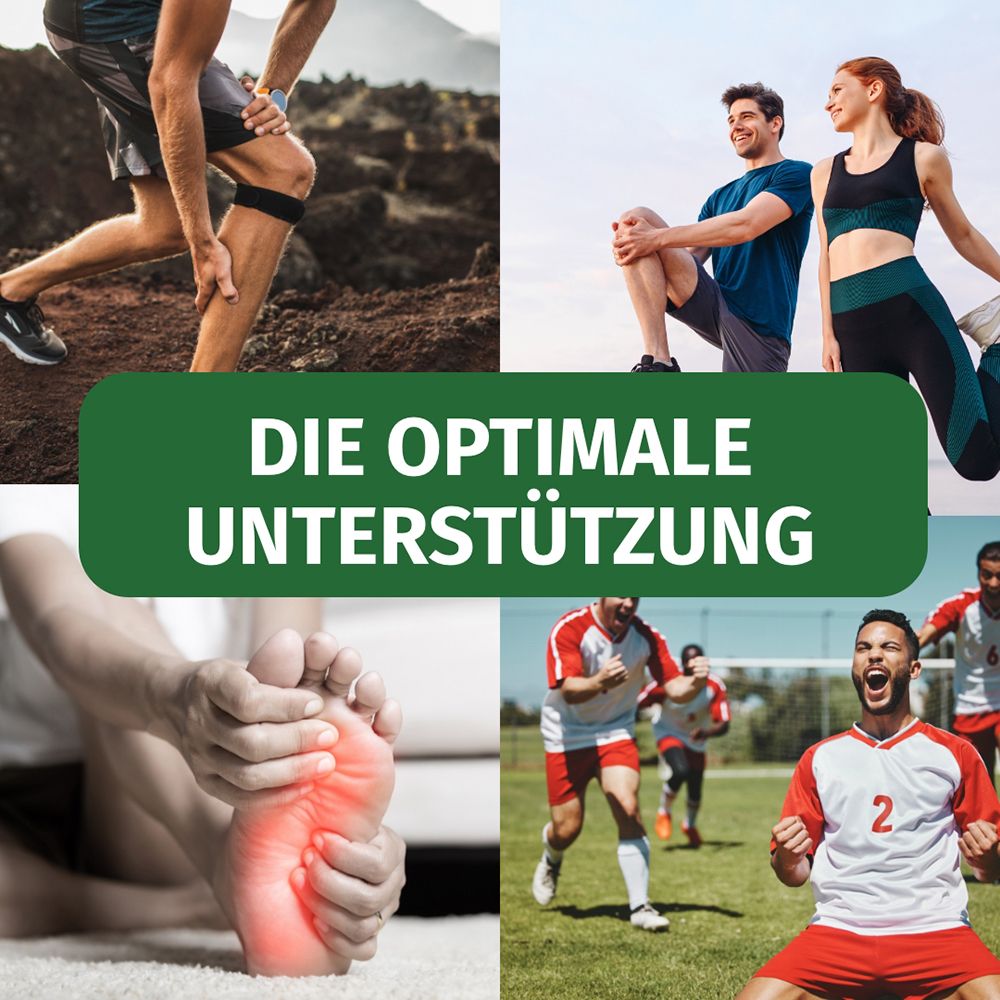 Collage d'images montrant des activités sportives et des inconforts. Texte : Le soutien optimal.