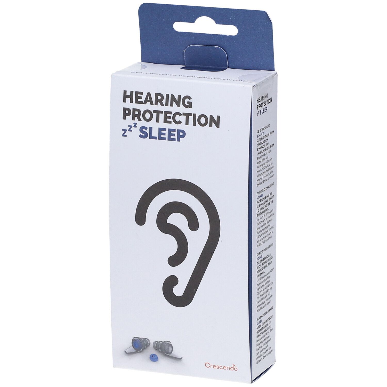 Boîte de protection auditive. Inscription : HEARING PROTECTION SLEEP. Illustration d'oreille. Deux bouchons d'oreille en bas. Marque : Crescendo.