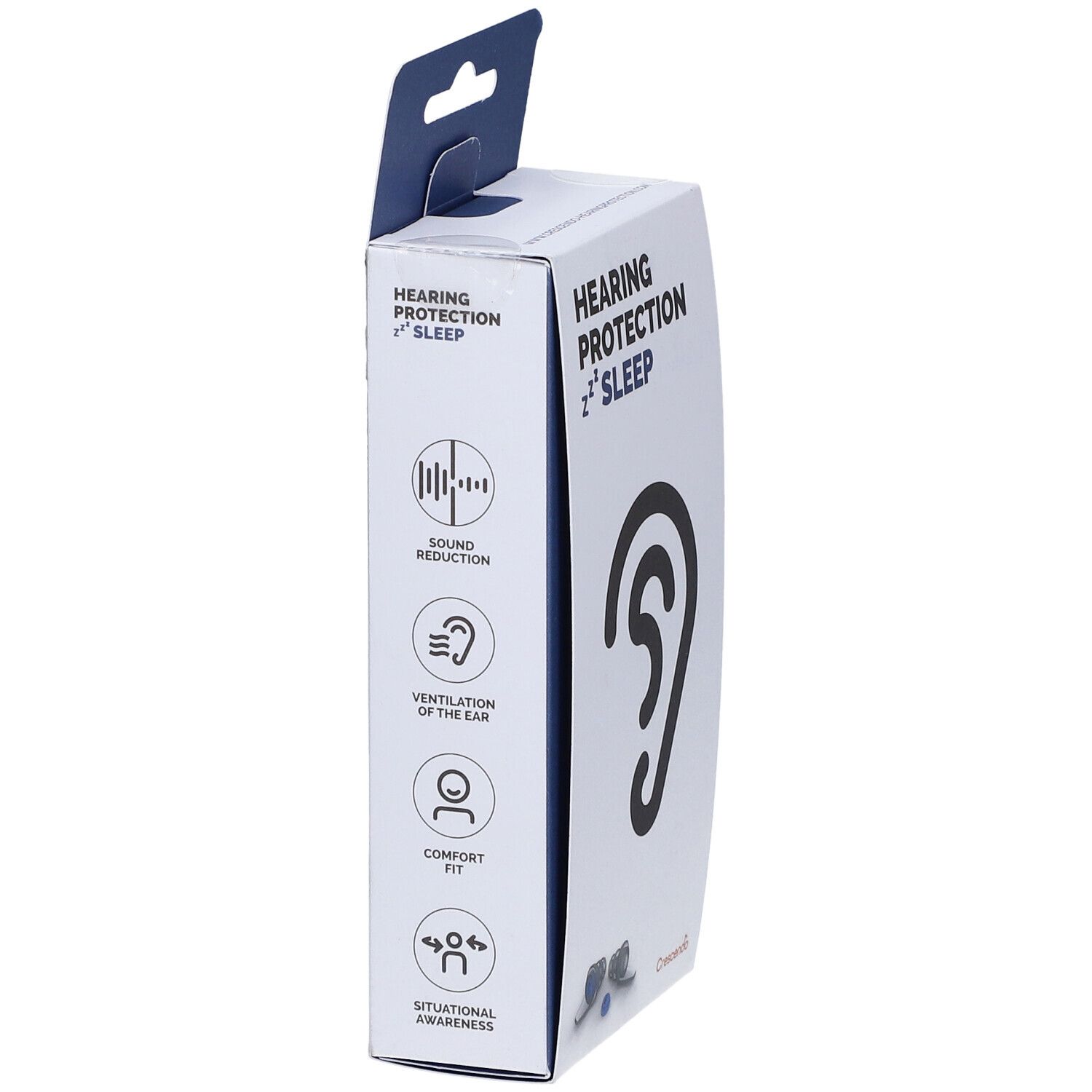 Emballage de protection auditive. Inscription : HEARING PROTECTION SLEEP. Illustration d'oreille. Symboles de réduction du son, ventilation, confort et conscience situationnelle.