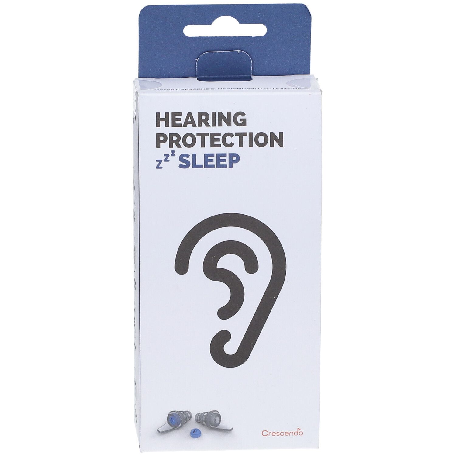 Emballage de protection auditive. Inscription : HEARING PROTECTION SLEEP. Illustration d'oreille. Deux bouchons d'oreille en bas. Marque : Crescendo.