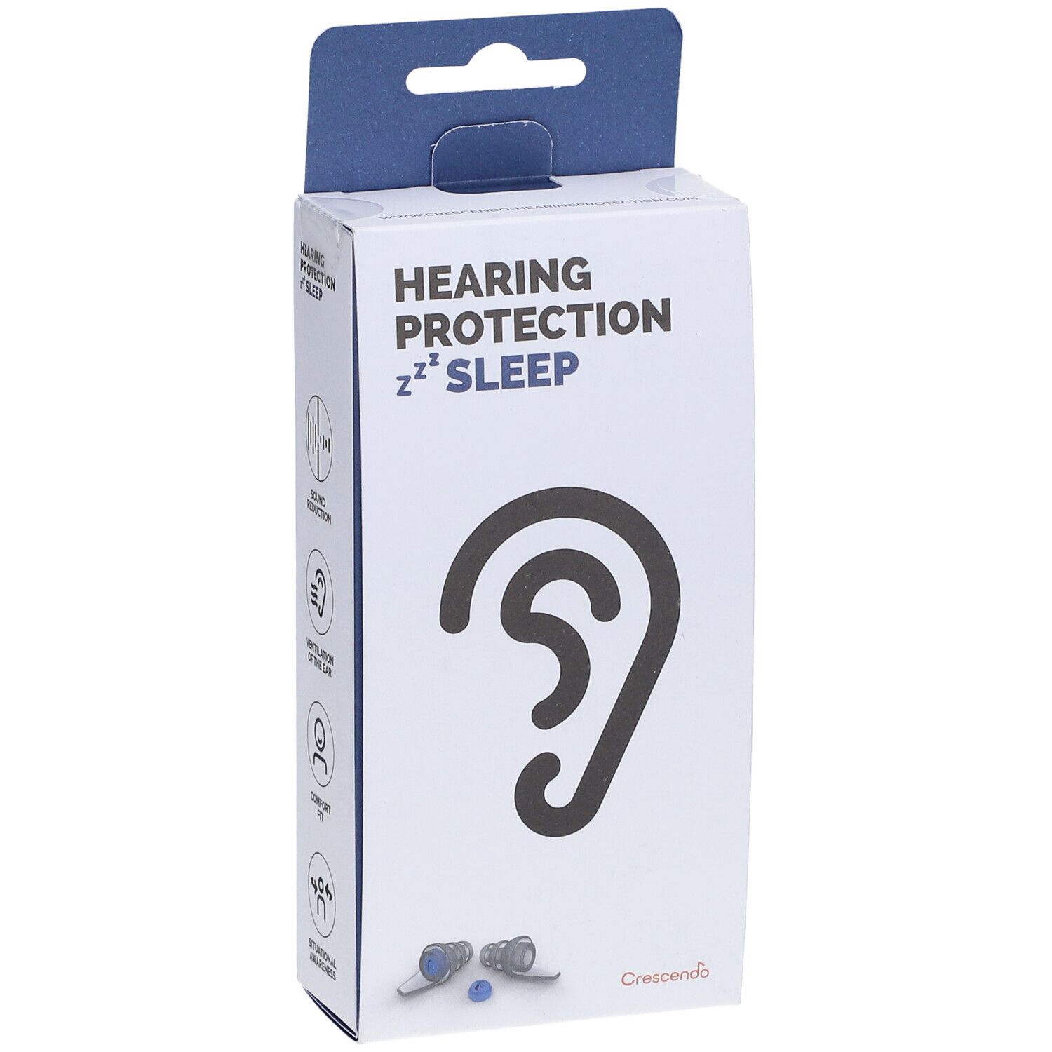 Emballage de protection auditive. Inscription : HEARING PROTECTION SLEEP. Illustration d'oreille. Symboles de réduction du son, ventilation, confort et conscience situationnelle. Marque : Crescendo.