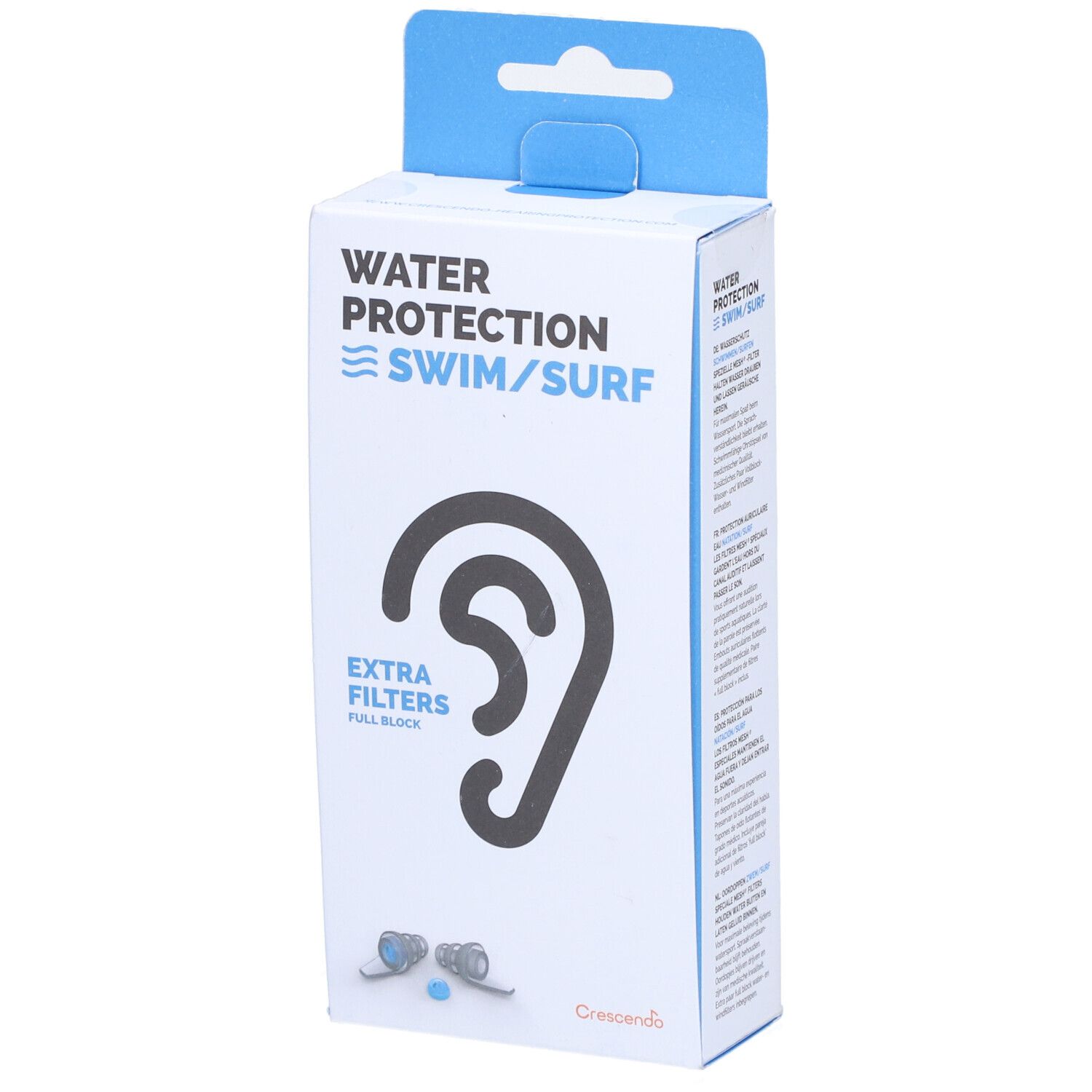 Boîte blanche avec crochet bleu. Inscription: Water Protection Swim/Surf. Illustration d'oreille. Extra Filters. Logo Crescendo.