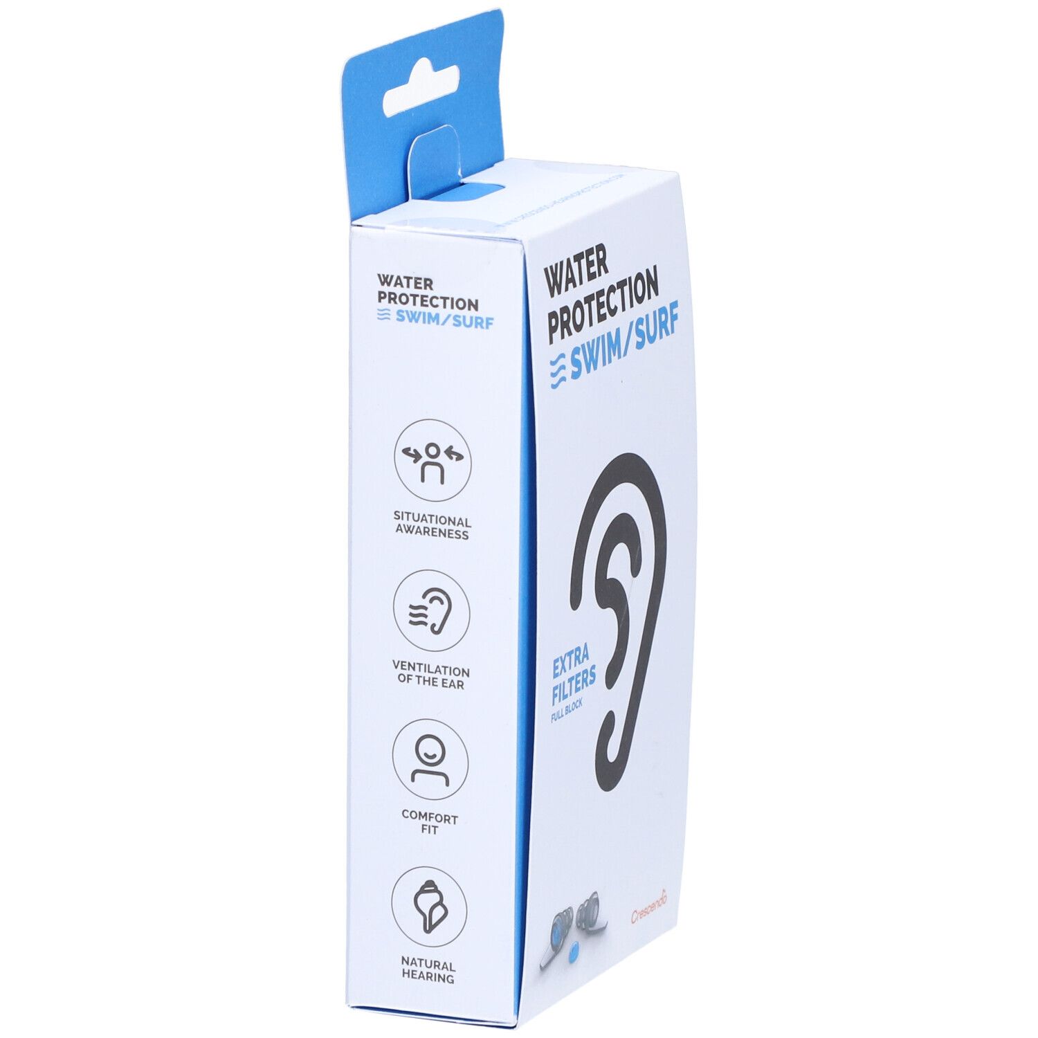 Boîte blanche, vue latérale. Inscription: Water Protection Swim/Surf. Illustrations: Situational Awareness, Ventilation, Comfort Fit, Natural Hearing.