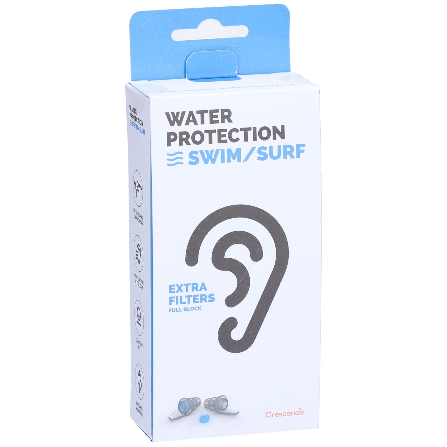 Boîte blanche avec crochet bleu. Inscription: Water Protection Swim/Surf. Illustration d'oreille. Extra Filters. Logo Crescendo.