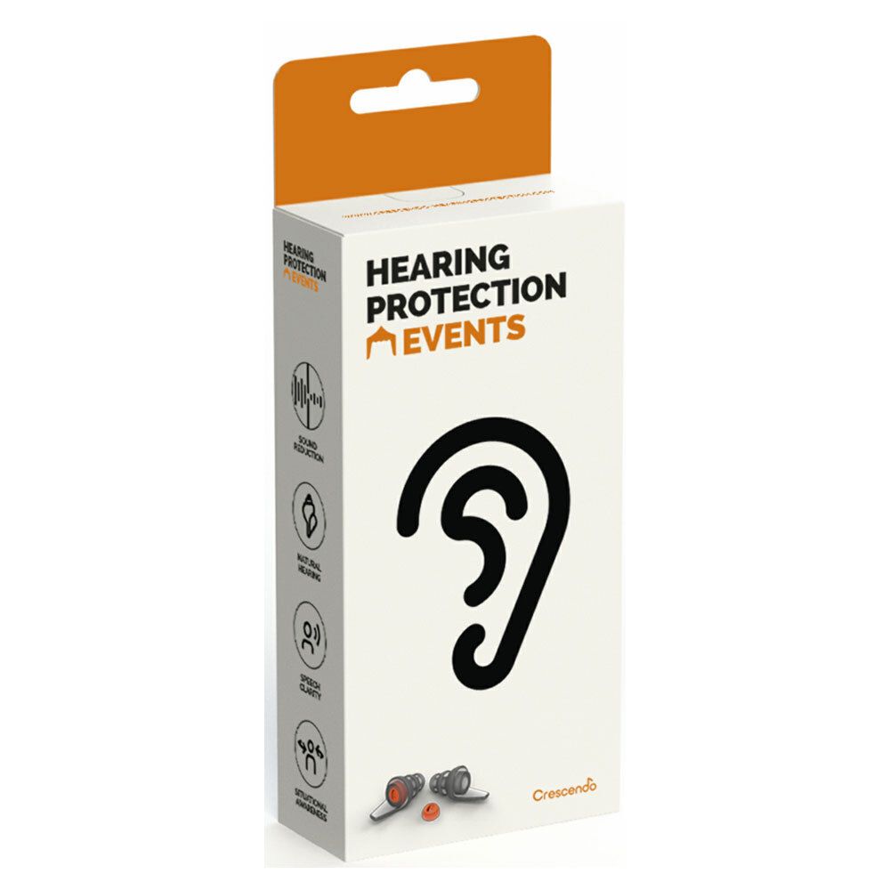 Boîte de protection auditive. Inscription : Hearing Protection Events. Bouchons d'oreille représentés. Marque : Crescendo.