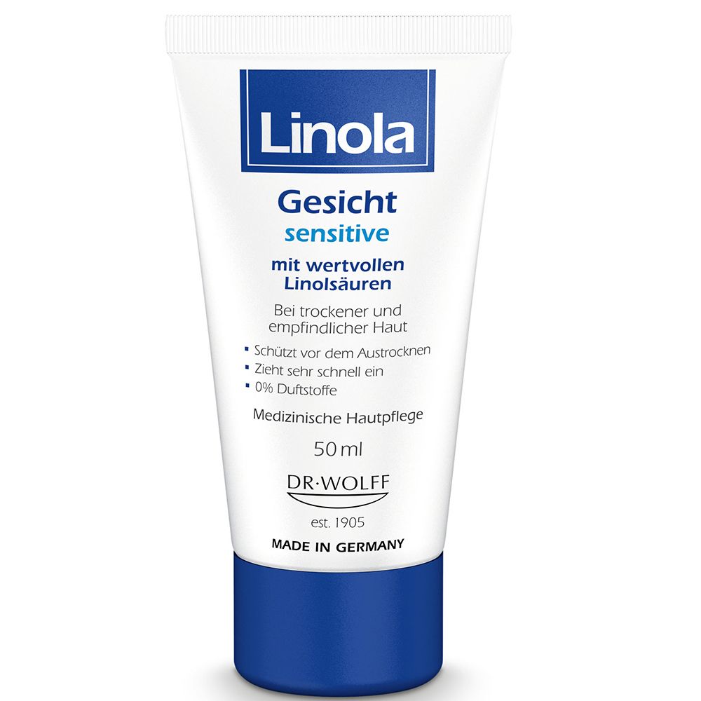 Crème Linola Gesicht sensitive. Tube blanc avec bouchon bleu et texte. Soin médical de la peau. 50 ml.
