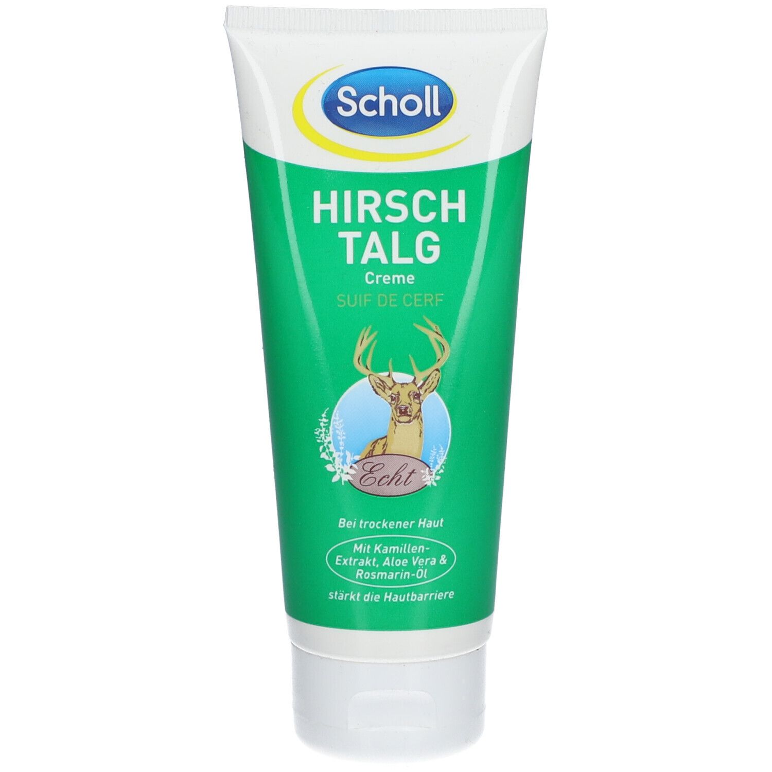 Tube de crème verte. Logo "Scholl" en haut, "Hirschtalg Creme" en dessous. Image d'un cerf. Texte : "Bei trockener Haut".