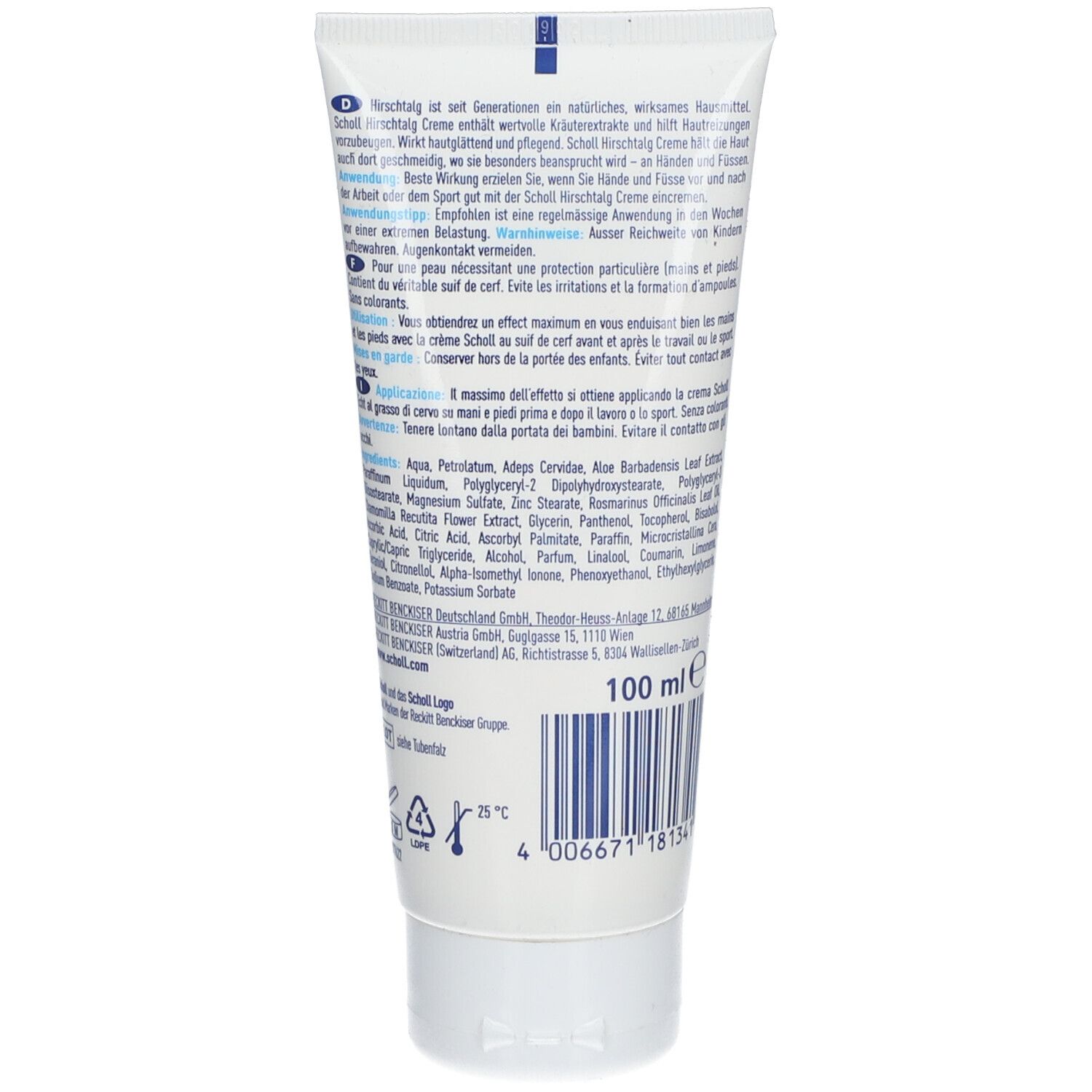 Tube blanc avec texte et ingrédients. Dos du tube. Texte en allemand, français et italien. En bas : 100 ml.