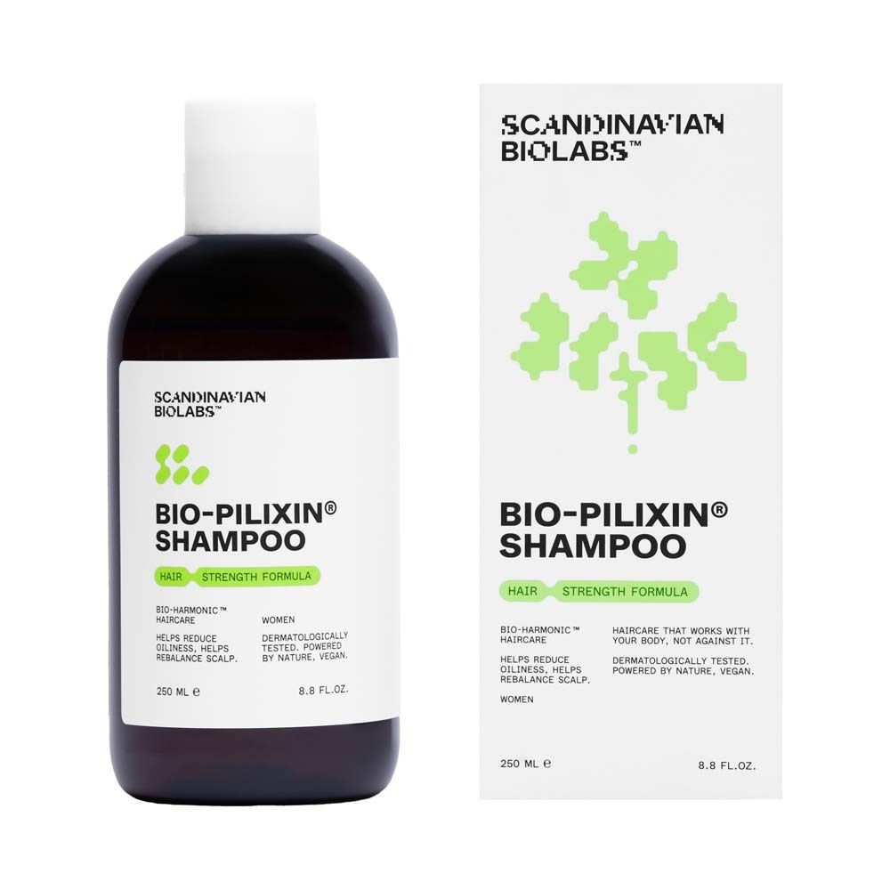 Flacon et emballage de shampooing brun. Inscription : Scandinavian Biolabs, Bio-Pilixin Shampoo. 250 ml.