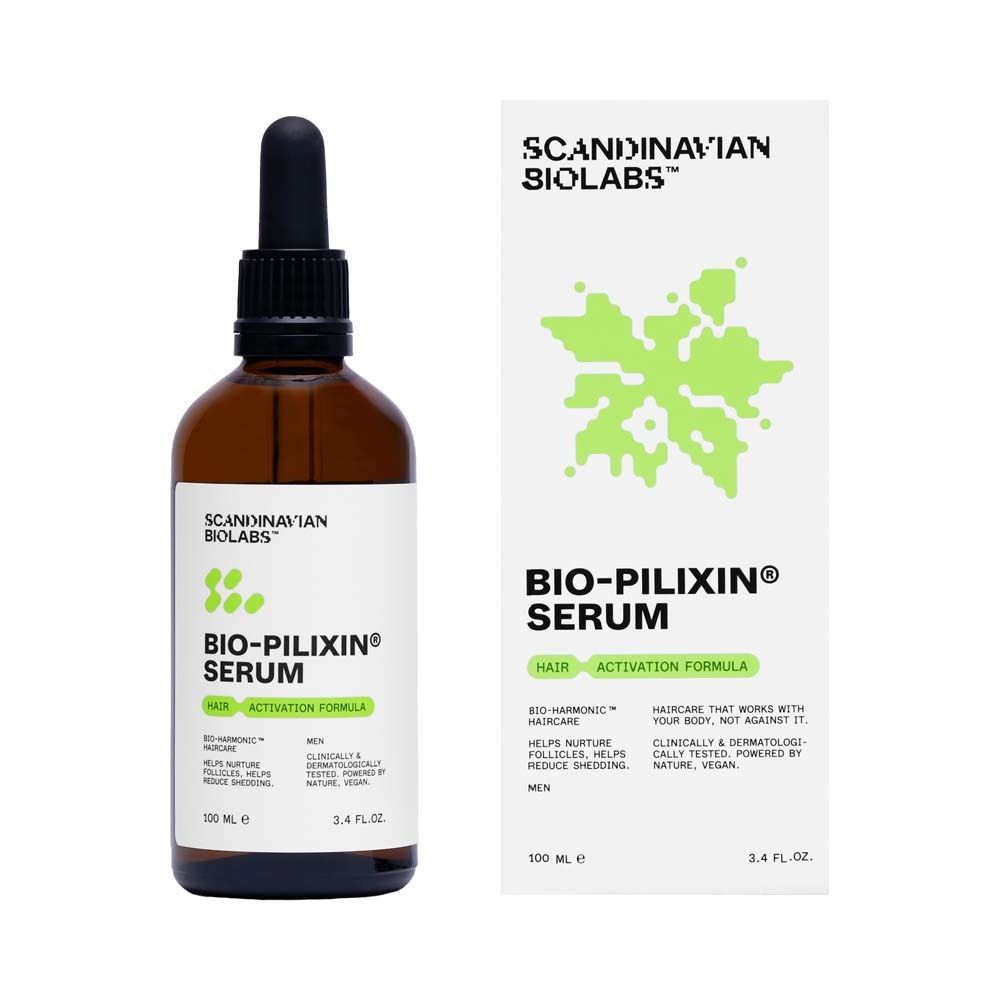 Flacon brun de sérum et emballage. Inscription : BIO-PILIXIN Serum. Pour hommes.
