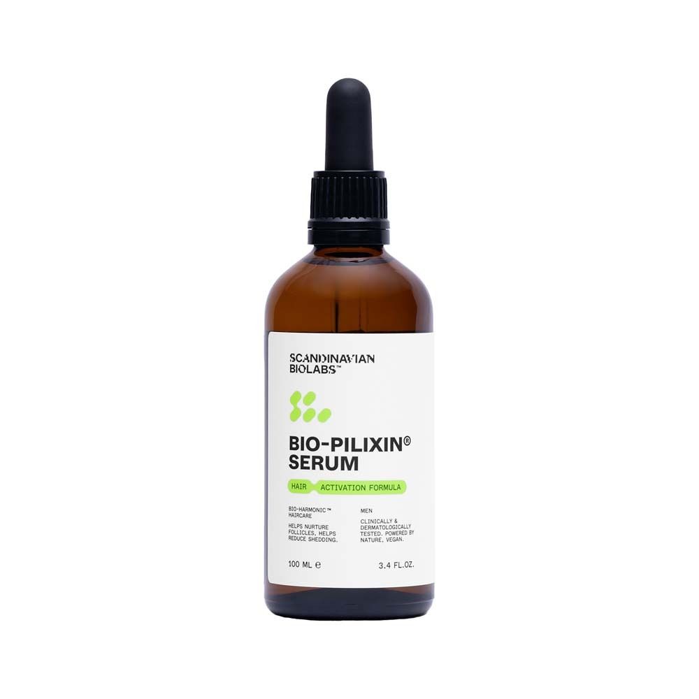 Flacon brun de sérum. Inscription : BIO-PILIXIN Serum. Pour hommes.