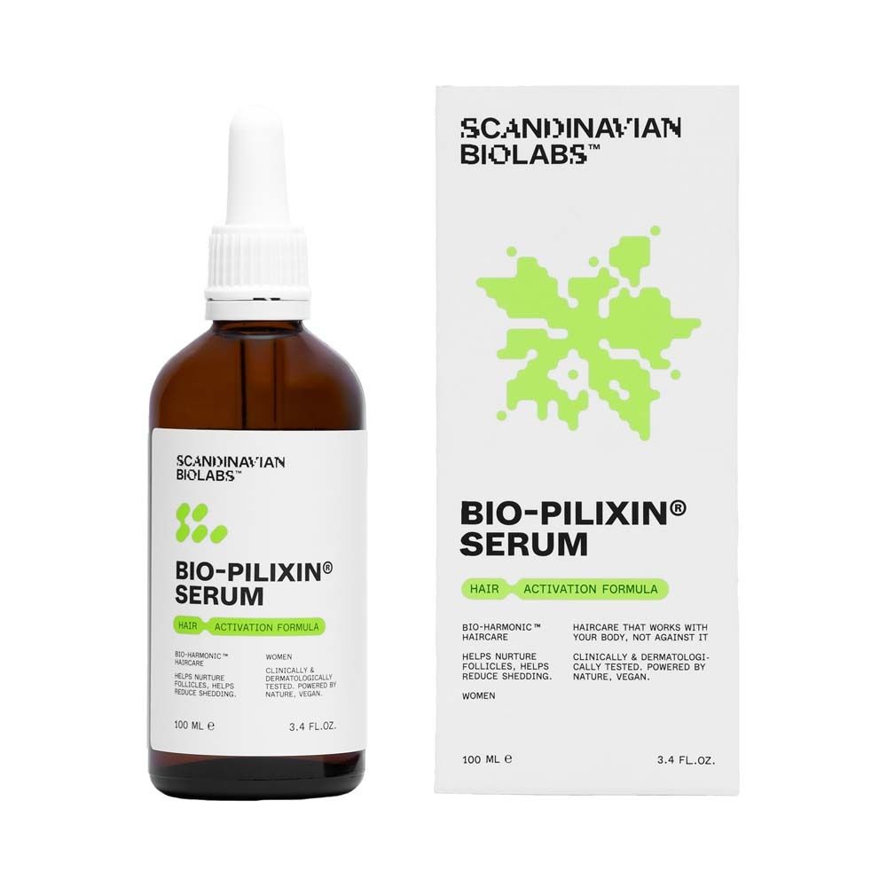 Flacon brun avec bouchon blanc et étiquette. L'étiquette indique Bio-Pilixin Serum. À côté, une boîte blanche.