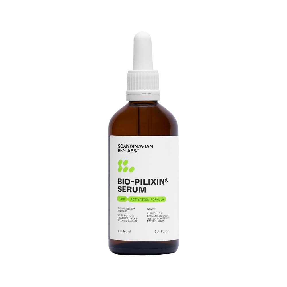Flacon brun avec bouchon blanc et étiquette. L'étiquette indique Bio-Pilixin Serum.