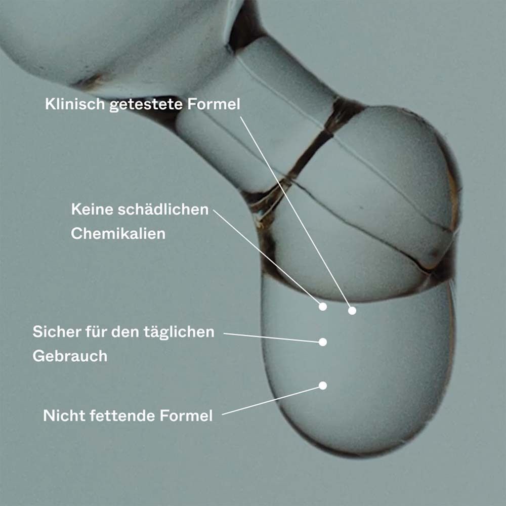 Gros plan sur l'embout de la pipette. Texte : formule testée cliniquement, pas de produits chimiques nocifs, sûr pour un usage quotidien.