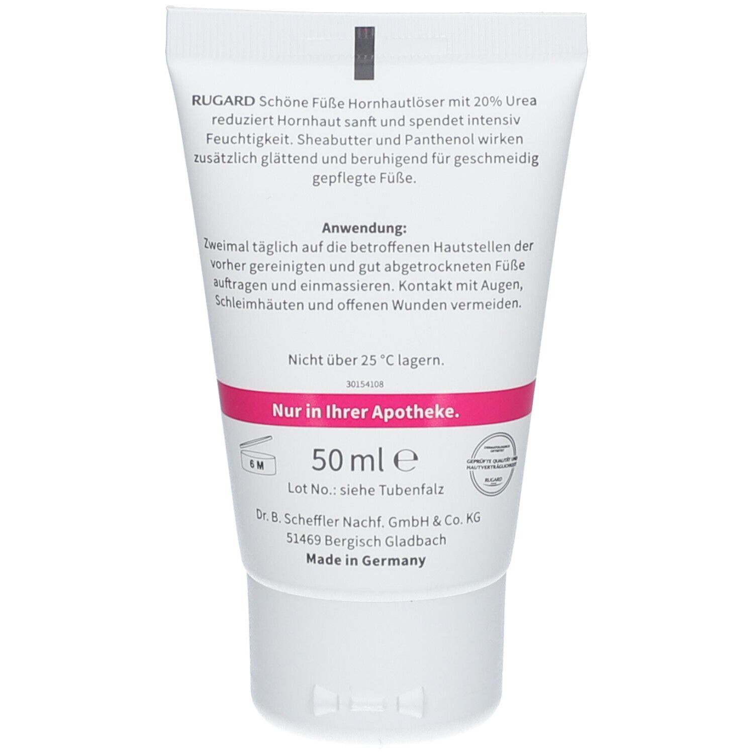 Dos du tube. Texte: RUGARD Schöne Füße Hornhautlöser. Conseils d'utilisation. Ingrédients. 50 ml. Fabriqué en Allemagne.
