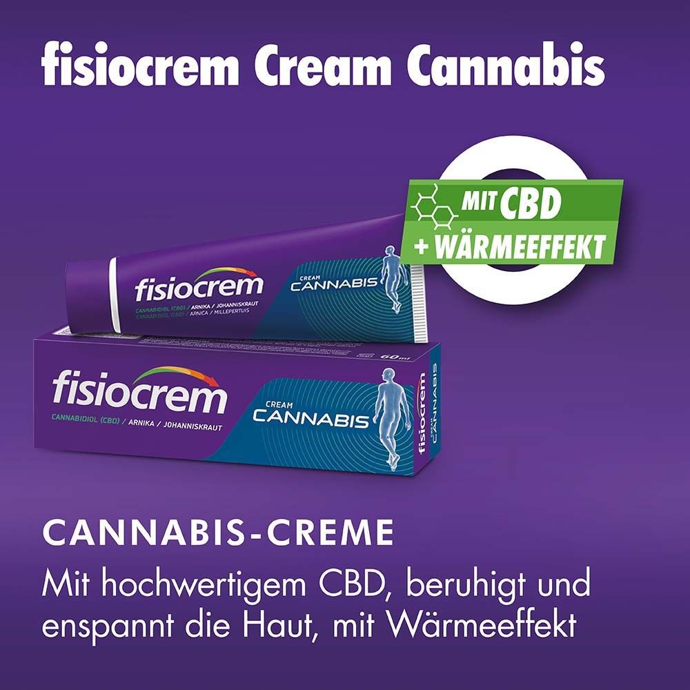 Publicité pour fisiocrem Cream Cannabis. Tube et boîte. Texte: Crème au cannabis avec CBD et effet chauffant. Fond violet.