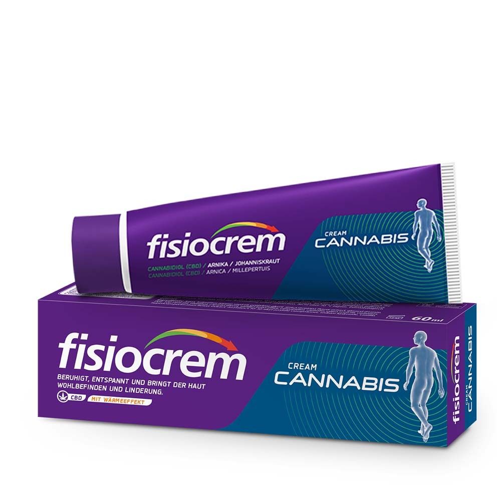 Tube et boîte de Fisiocrem Cream Cannabis. Tube violet avec texte blanc. Boîte avec logo et nom du produit.