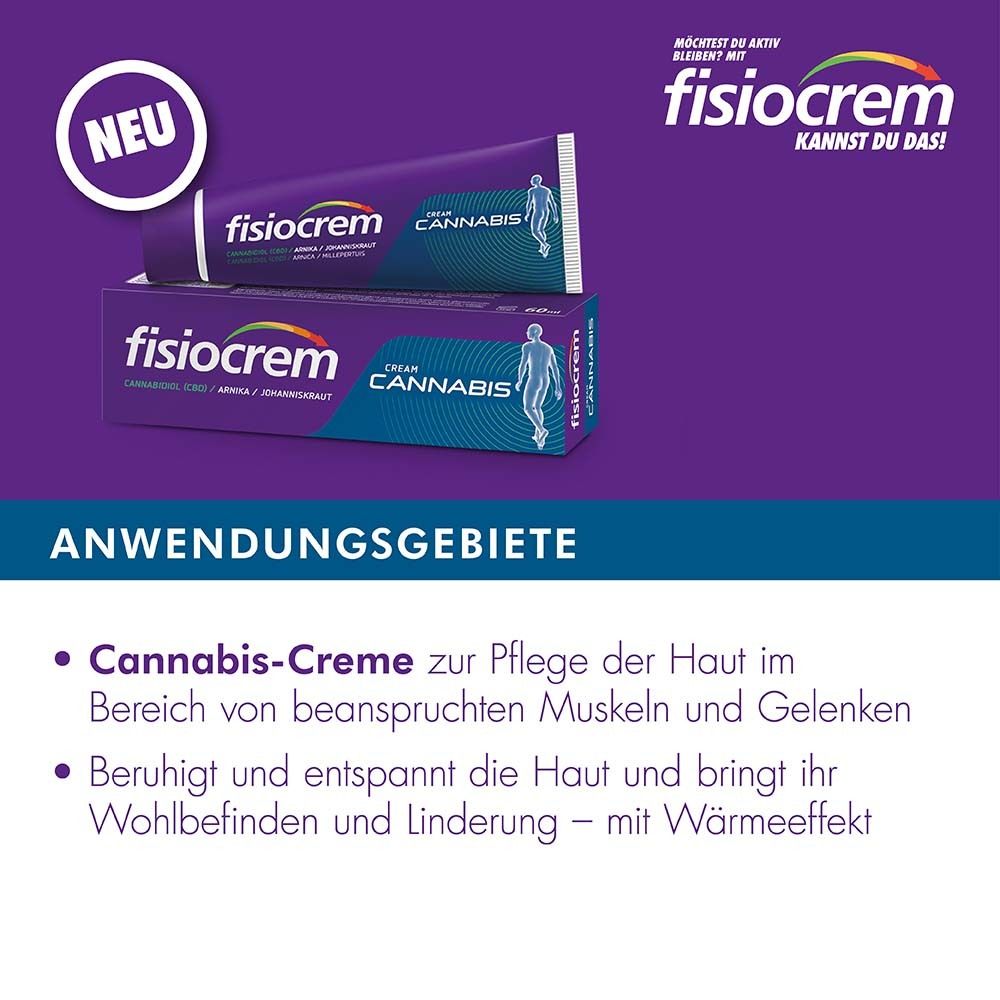 Image publicitaire pour Fisiocrem Cream Cannabis. Tube et boîte. Texte: Zones d'application: Crème au cannabis pour la peau.