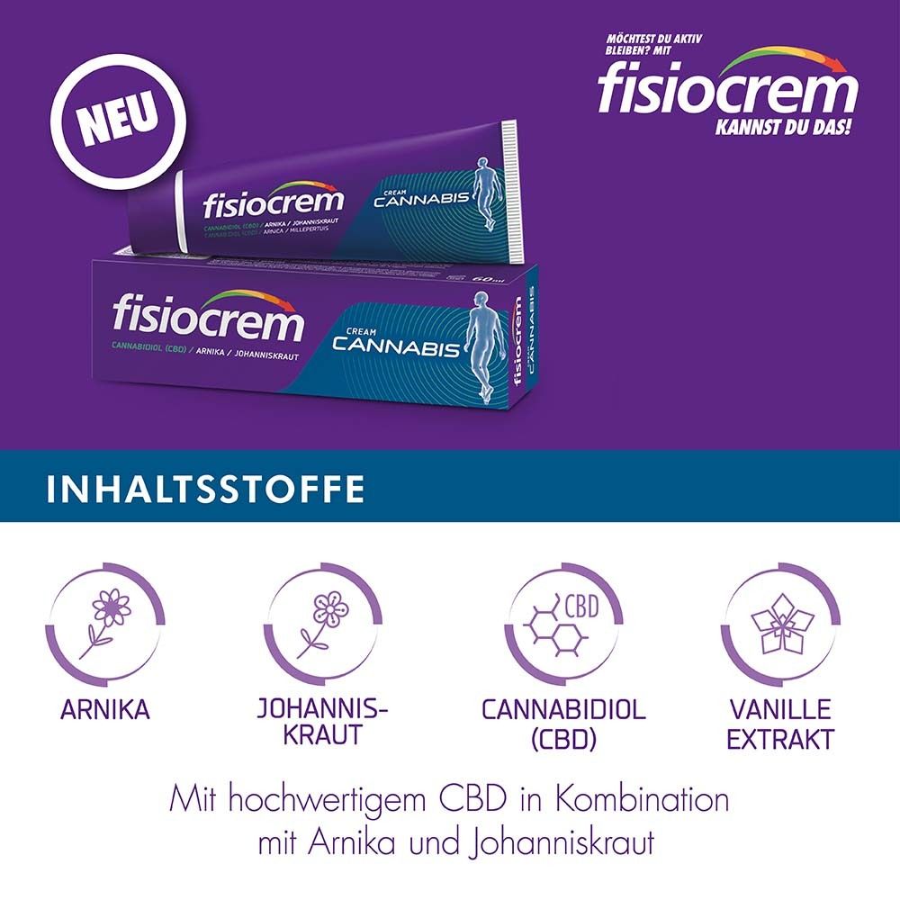 Image publicitaire pour Fisiocrem Cream Cannabis. Tube et boîte. Texte: Ingrédients: Arnica, millepertuis, cannabidiol, vanille.