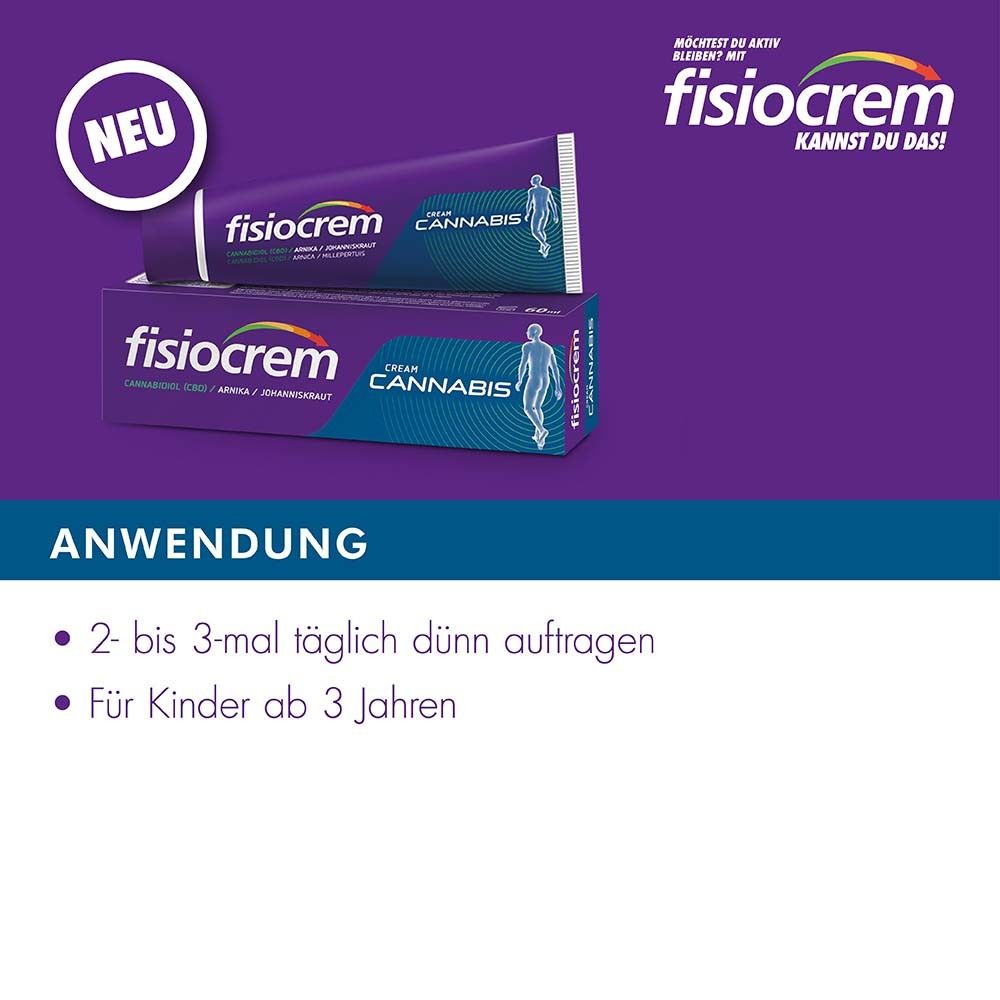 Image publicitaire pour Fisiocrem Cream Cannabis. Tube et boîte. Texte: Utilisation: Appliquer finement 2-3 fois par jour.